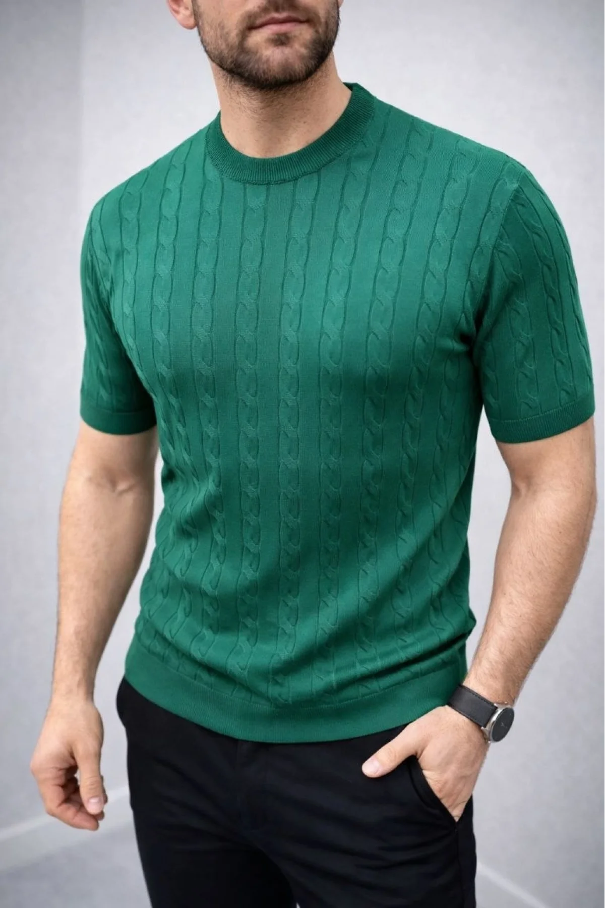 Erkek Yazlık Triko Dokuma Tişört Kısa Kol Bisiklet Yaka Örgü Desenli T-Shirt - Haki