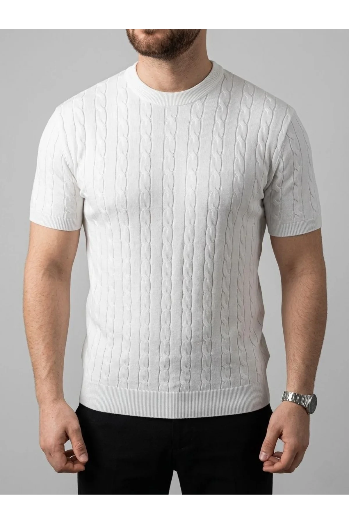 Erkek Yazlık Triko Dokuma Tişört Kısa Kol Bisiklet Yaka Örgü Desenli T-Shirt - Beyaz