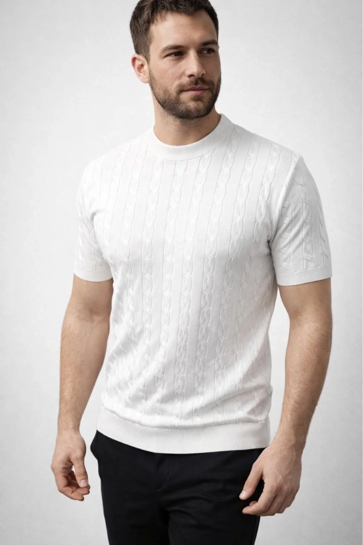 Erkek Yazlık Triko Dokuma Tişört Kısa Kol Bisiklet Yaka Örgü Desenli T-Shirt - Beyaz