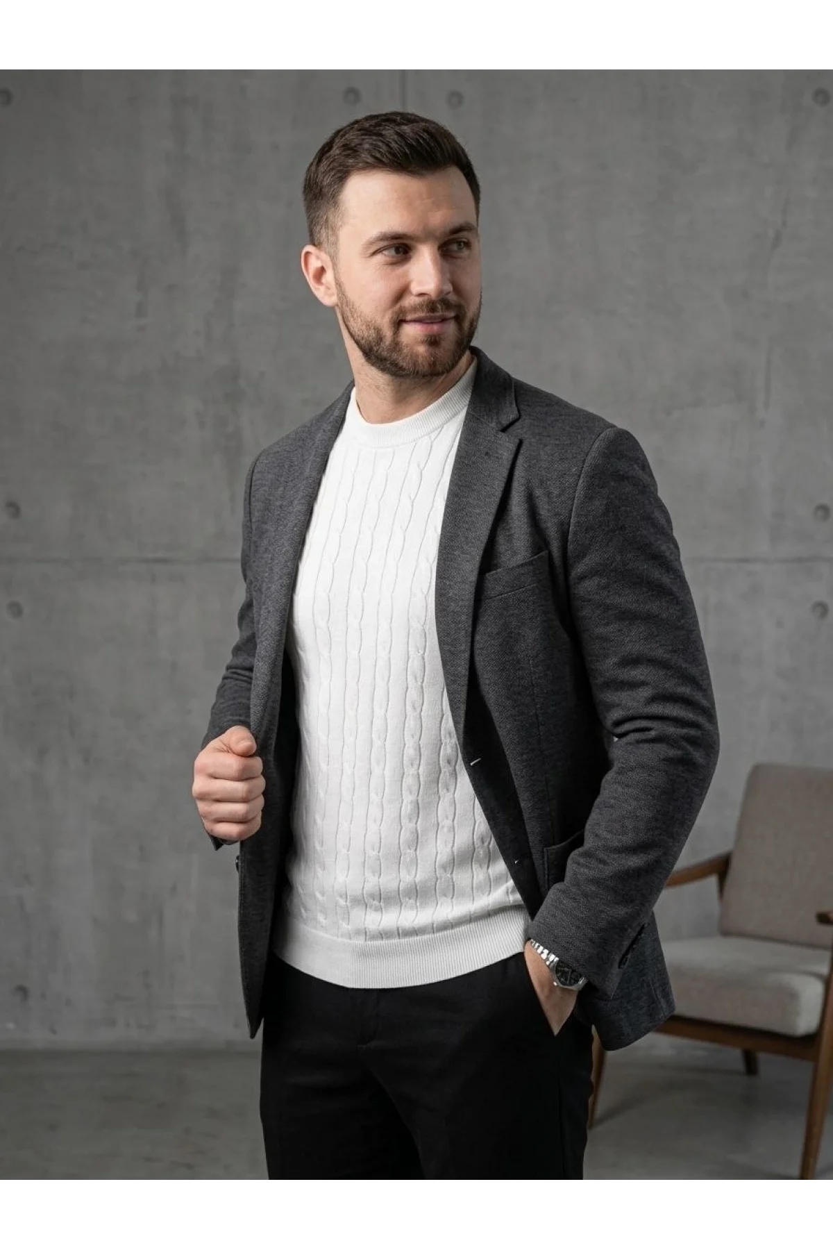 Erkek Yazlık Triko Dokuma Tişört Kısa Kol Bisiklet Yaka Örgü Desenli T-Shirt - Beyaz