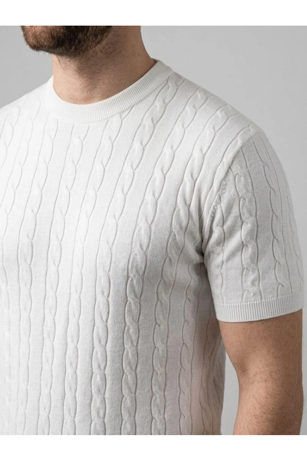 Erkek Yazlık Triko Dokuma Tişört Kısa Kol Bisiklet Yaka Örgü Desenli T-Shirt - Beyaz