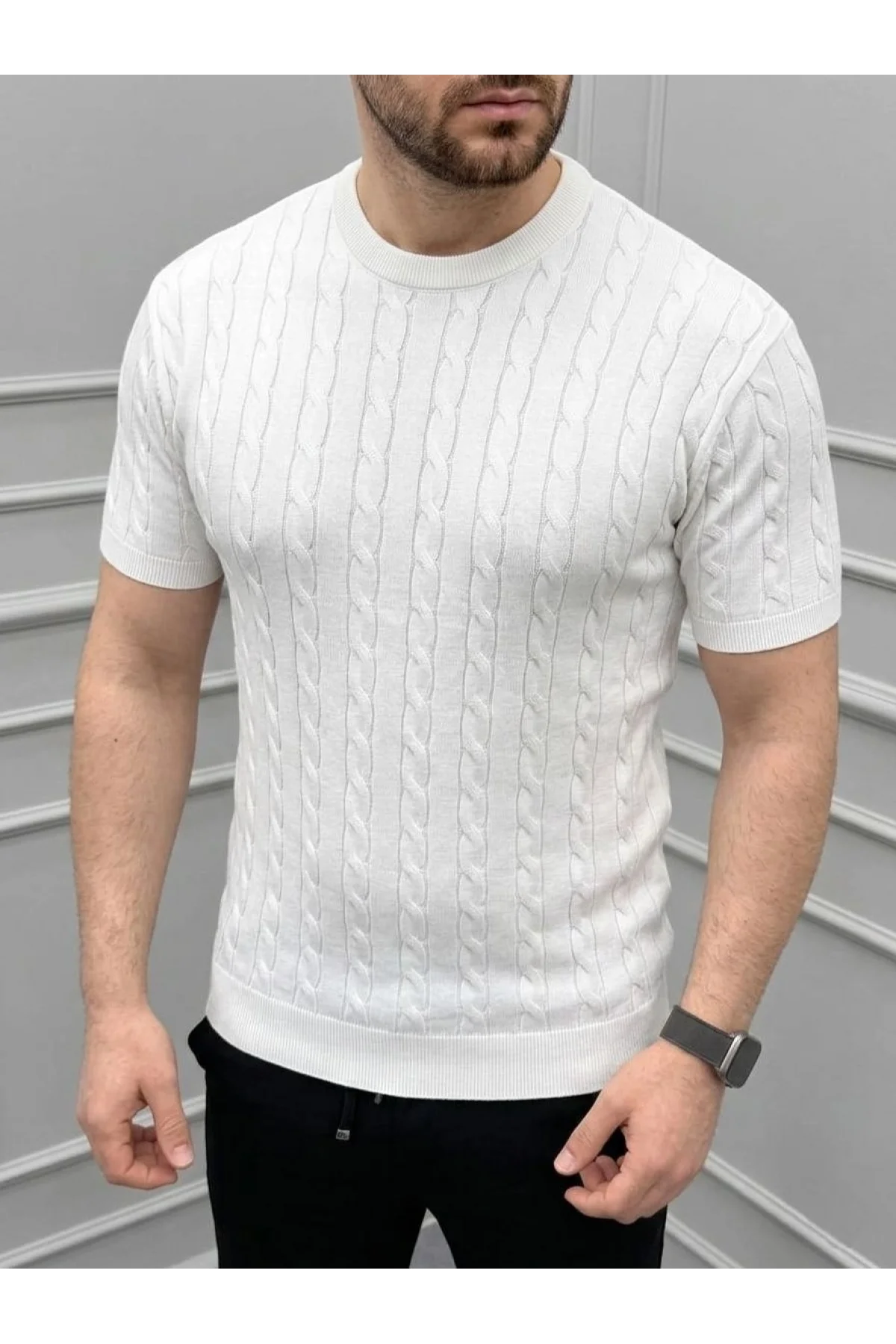 Erkek Yazlık Triko Dokuma Tişört Kısa Kol Bisiklet Yaka Örgü Desenli T-Shirt - Beyaz