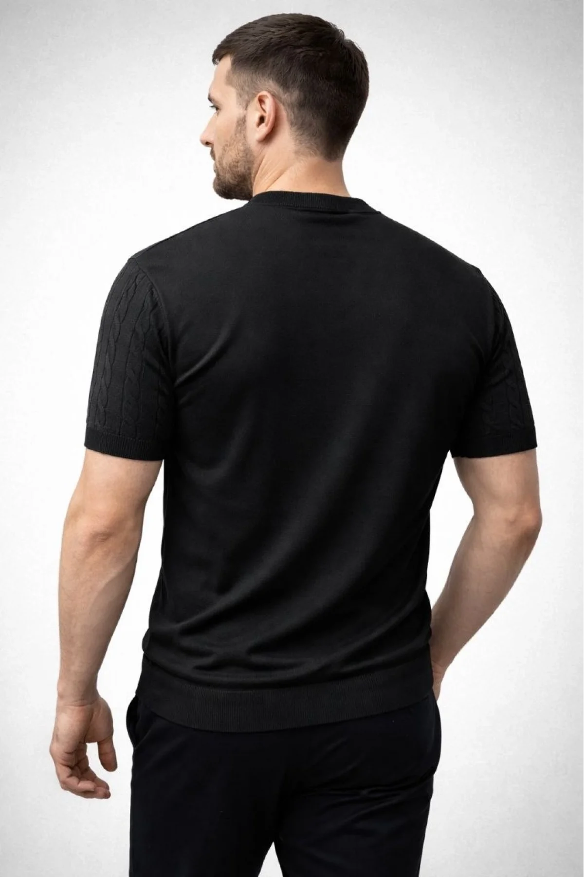 Erkek Yazlık Triko Dokuma Tişört Kısa Kol Bisiklet Yaka Örgü Desenli T-Shirt - Siyah