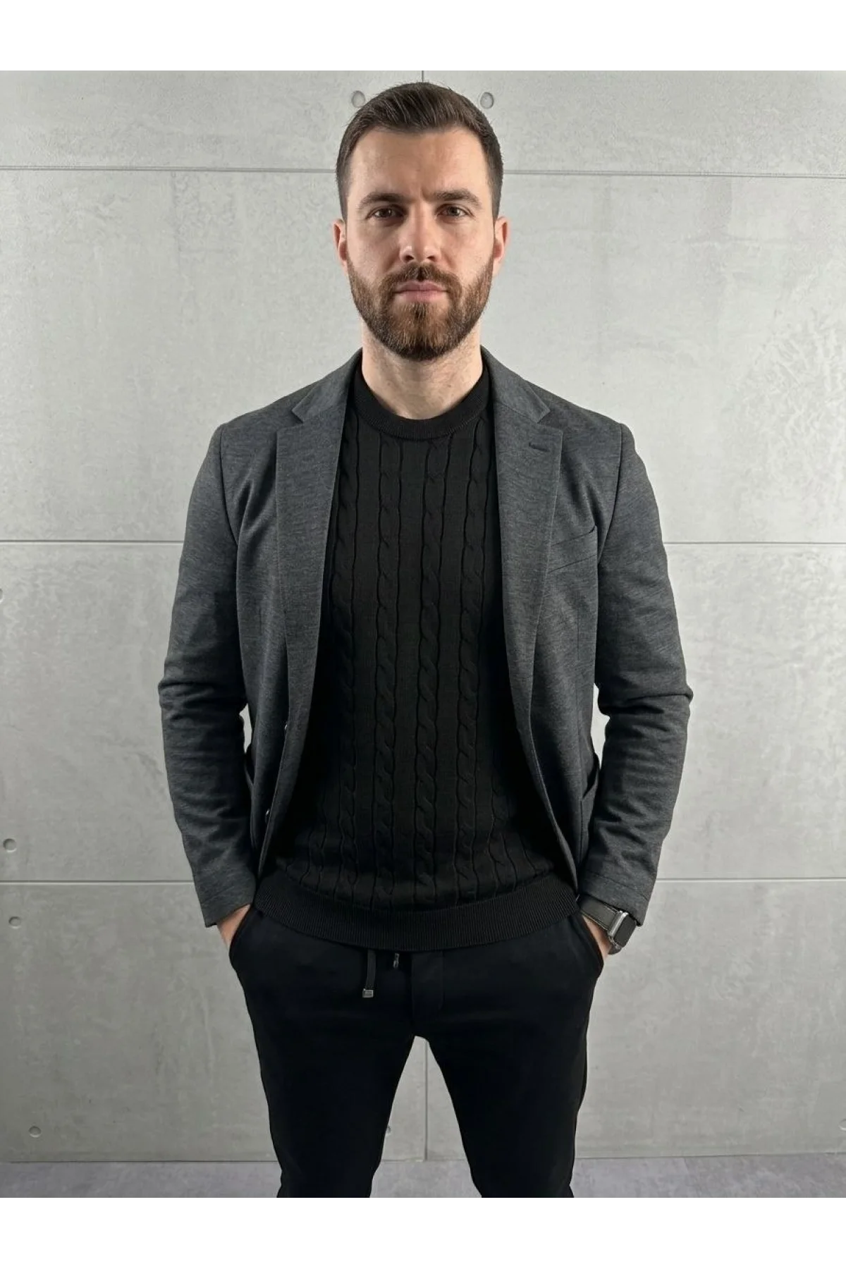 Erkek Yazlık Triko Dokuma Tişört Kısa Kol Bisiklet Yaka Örgü Desenli T-Shirt - Siyah