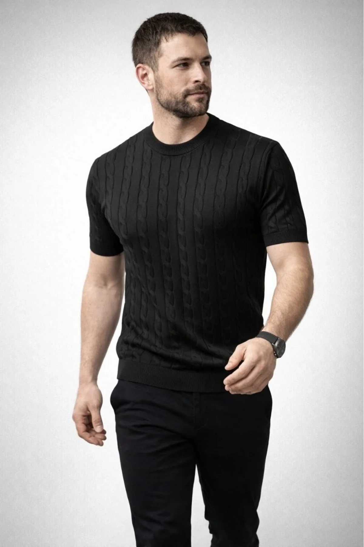 Erkek Yazlık Triko Dokuma Tişört Kısa Kol Bisiklet Yaka Örgü Desenli T-Shirt - Siyah