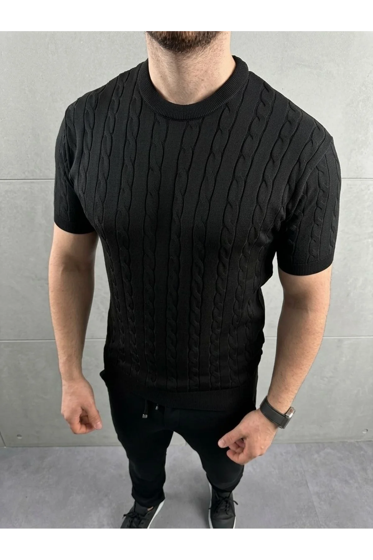 Erkek Yazlık Triko Dokuma Tişört Kısa Kol Bisiklet Yaka Örgü Desenli T-Shirt - Siyah