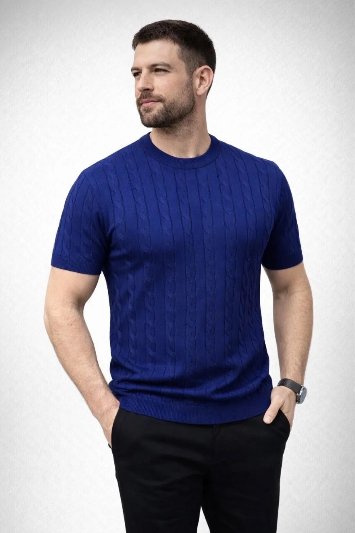 Erkek Yazlık Triko Dokuma Tişört Kısa Kol Bisiklet Yaka Örgü Desenli T-Shirt - Lacivert