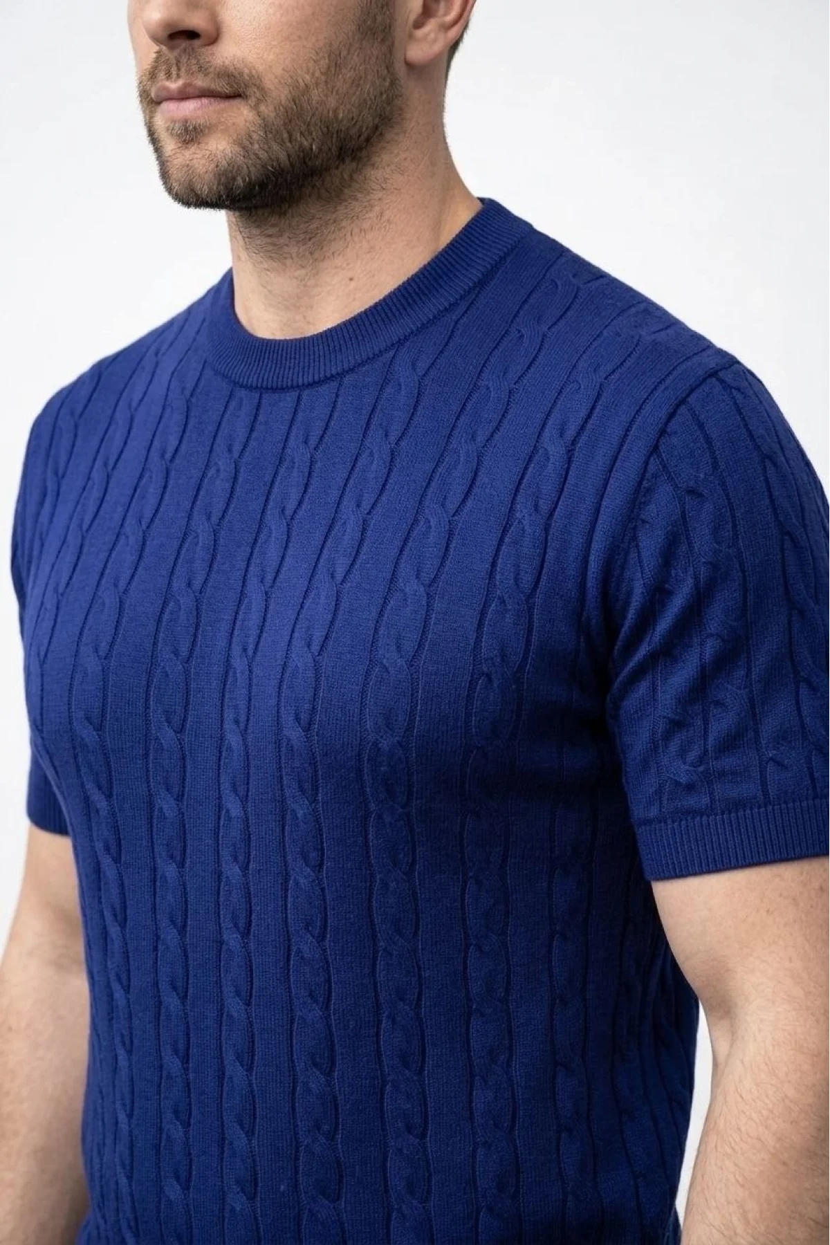 Erkek Yazlık Triko Dokuma Tişört Kısa Kol Bisiklet Yaka Örgü Desenli T-Shirt - Lacivert