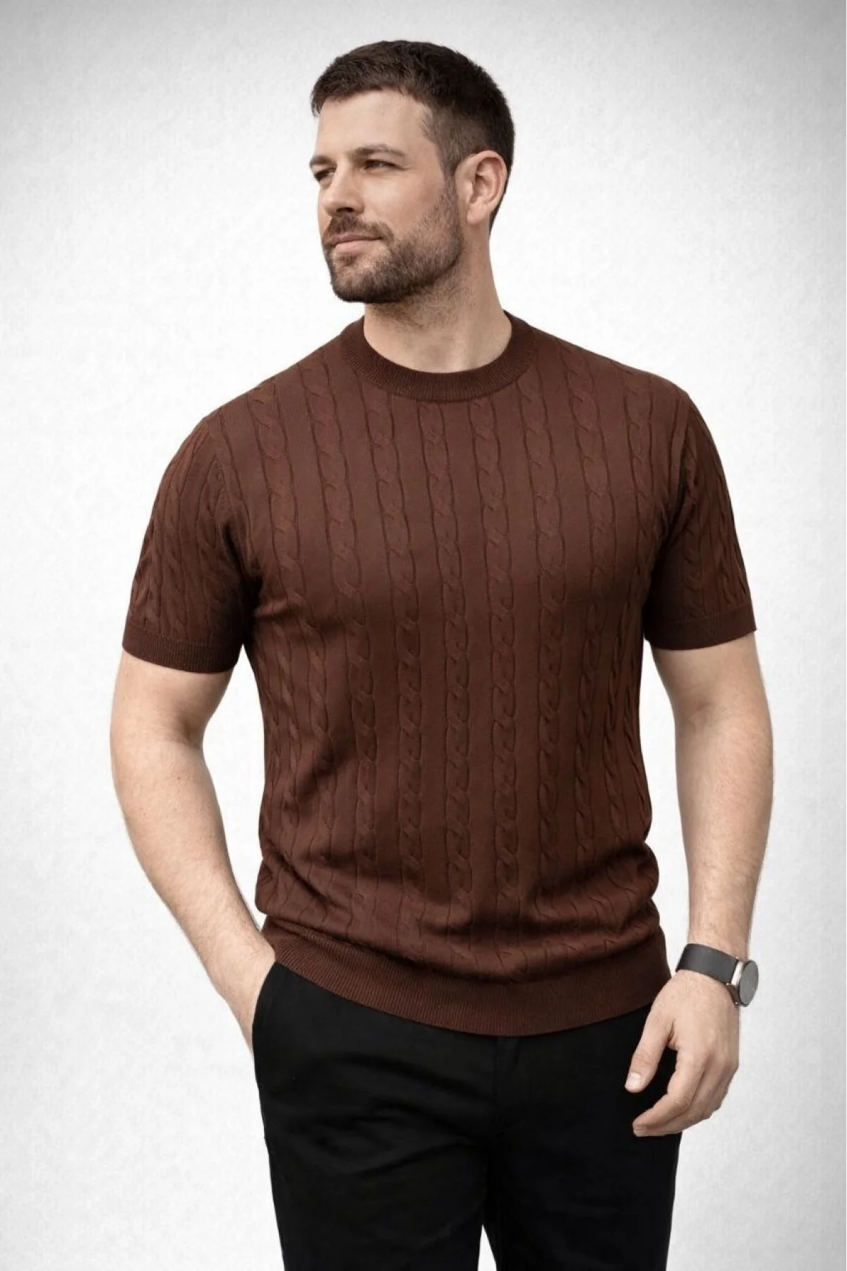 Erkek Yazlık Triko Dokuma Tişört Kısa Kol Bisiklet Yaka Örgü Desenli T-Shirt - Kahverengi