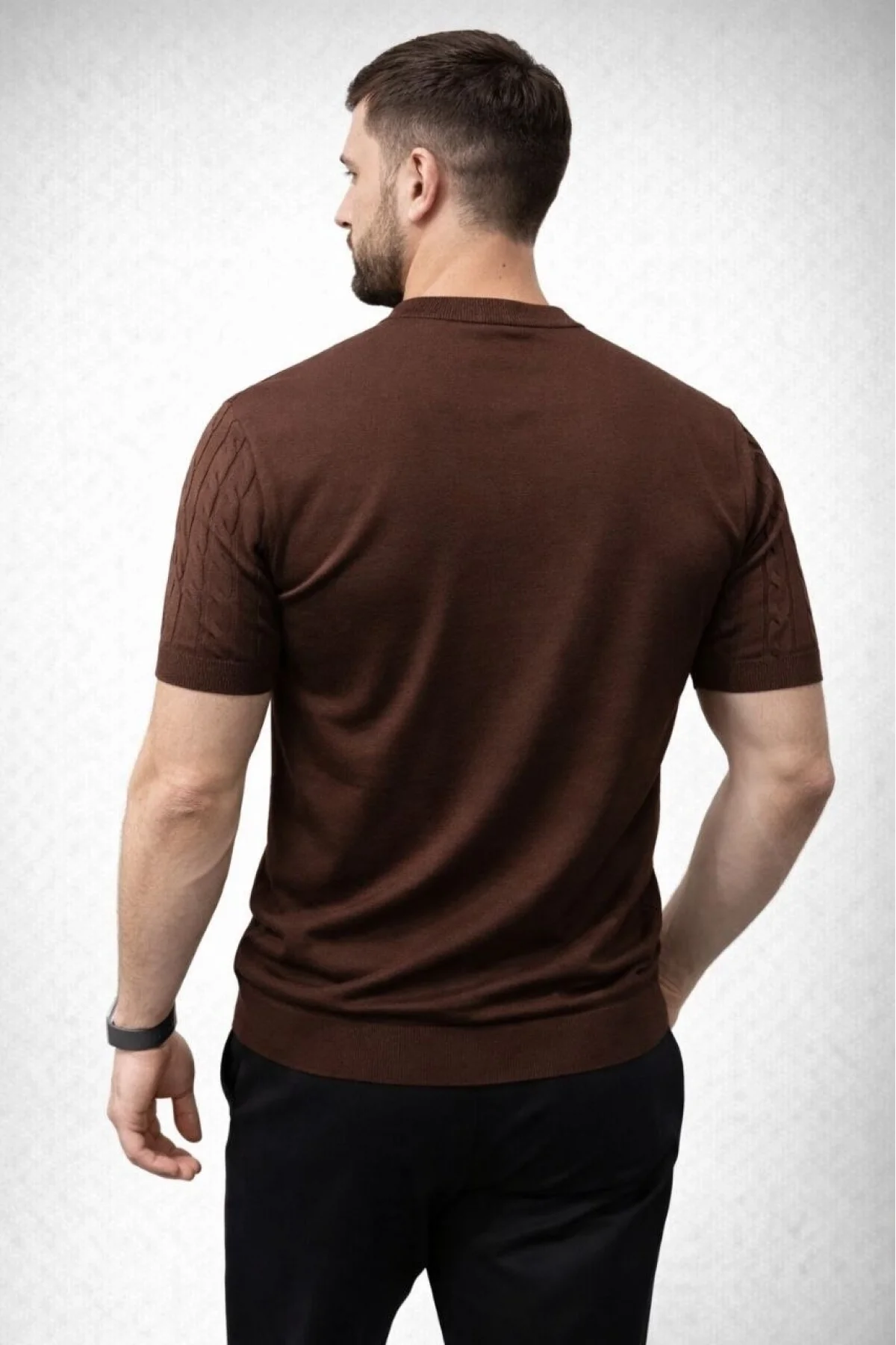 Erkek Yazlık Triko Dokuma Tişört Kısa Kol Bisiklet Yaka Örgü Desenli T-Shirt - Kahverengi