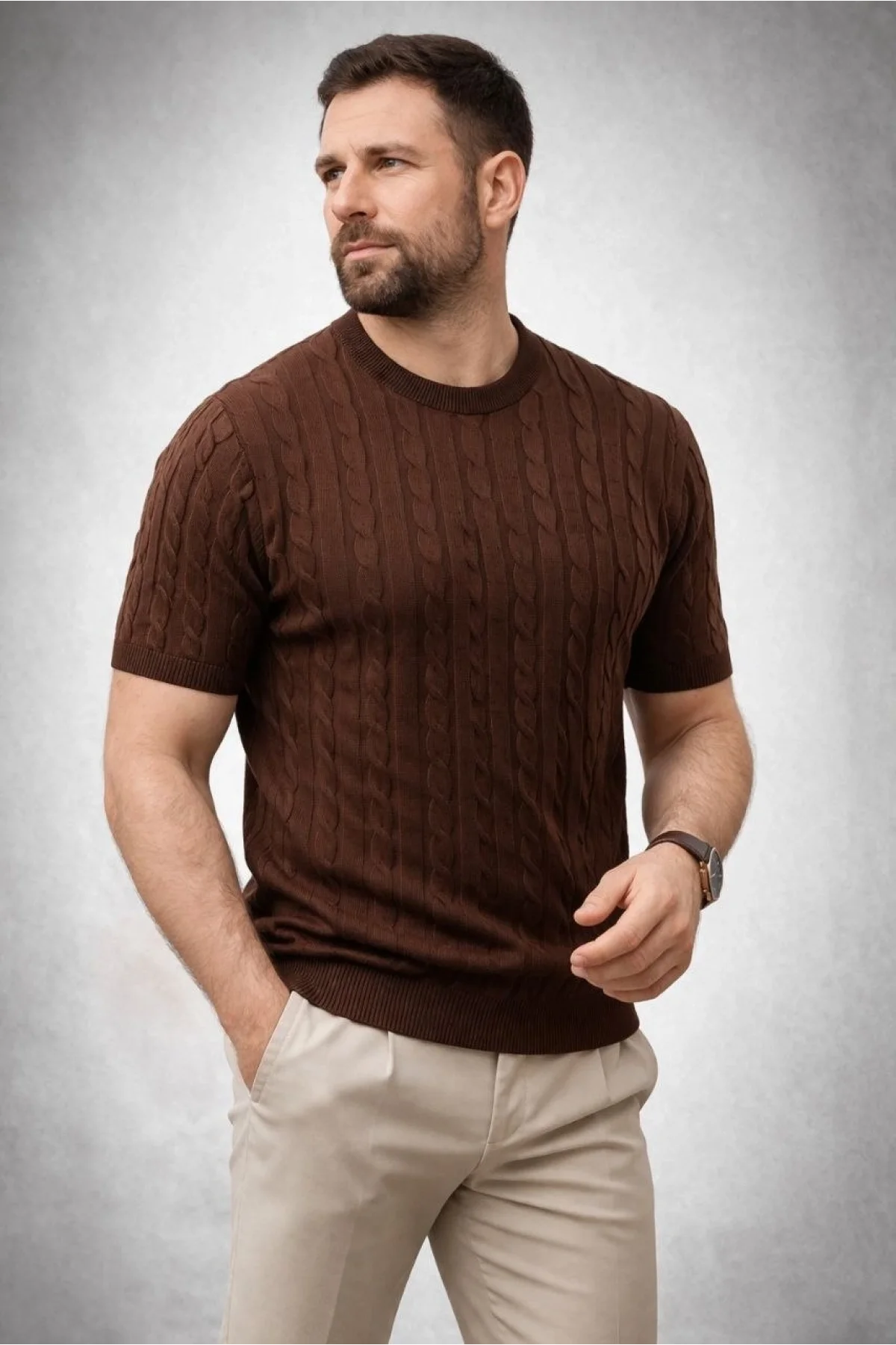 Erkek Yazlık Triko Dokuma Tişört Kısa Kol Bisiklet Yaka Örgü Desenli T-Shirt - Kahverengi