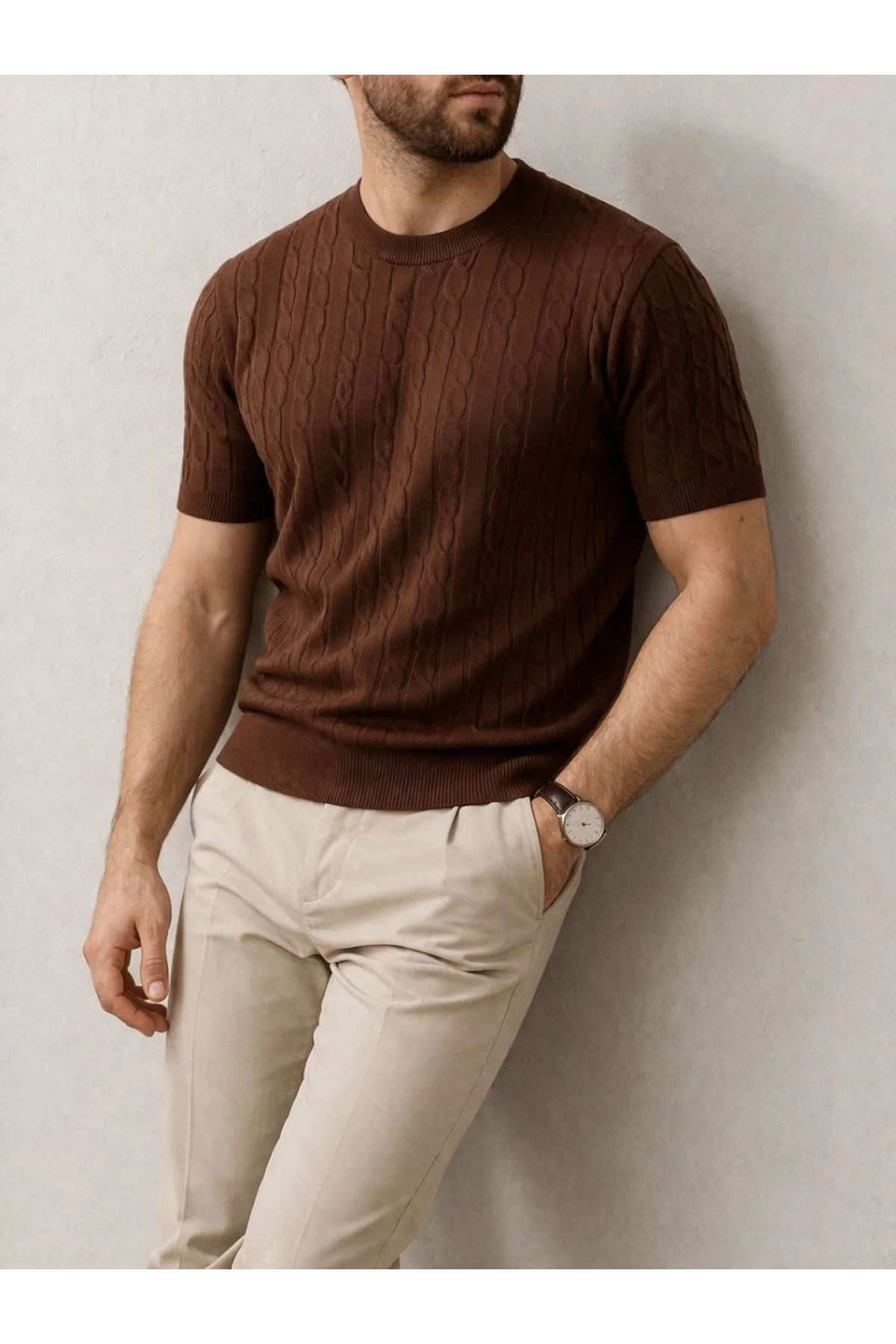 Erkek Yazlık Triko Dokuma Tişört Kısa Kol Bisiklet Yaka Örgü Desenli T-Shirt - Kahverengi