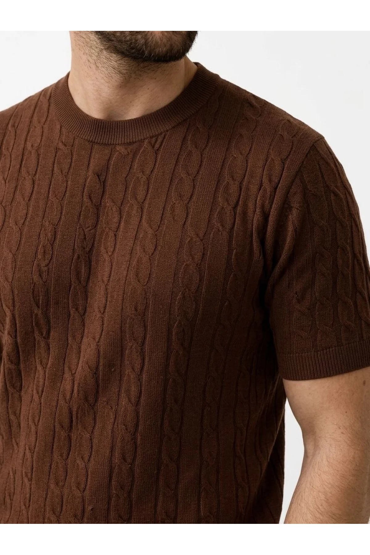 Erkek Yazlık Triko Dokuma Tişört Kısa Kol Bisiklet Yaka Örgü Desenli T-Shirt - Kahverengi