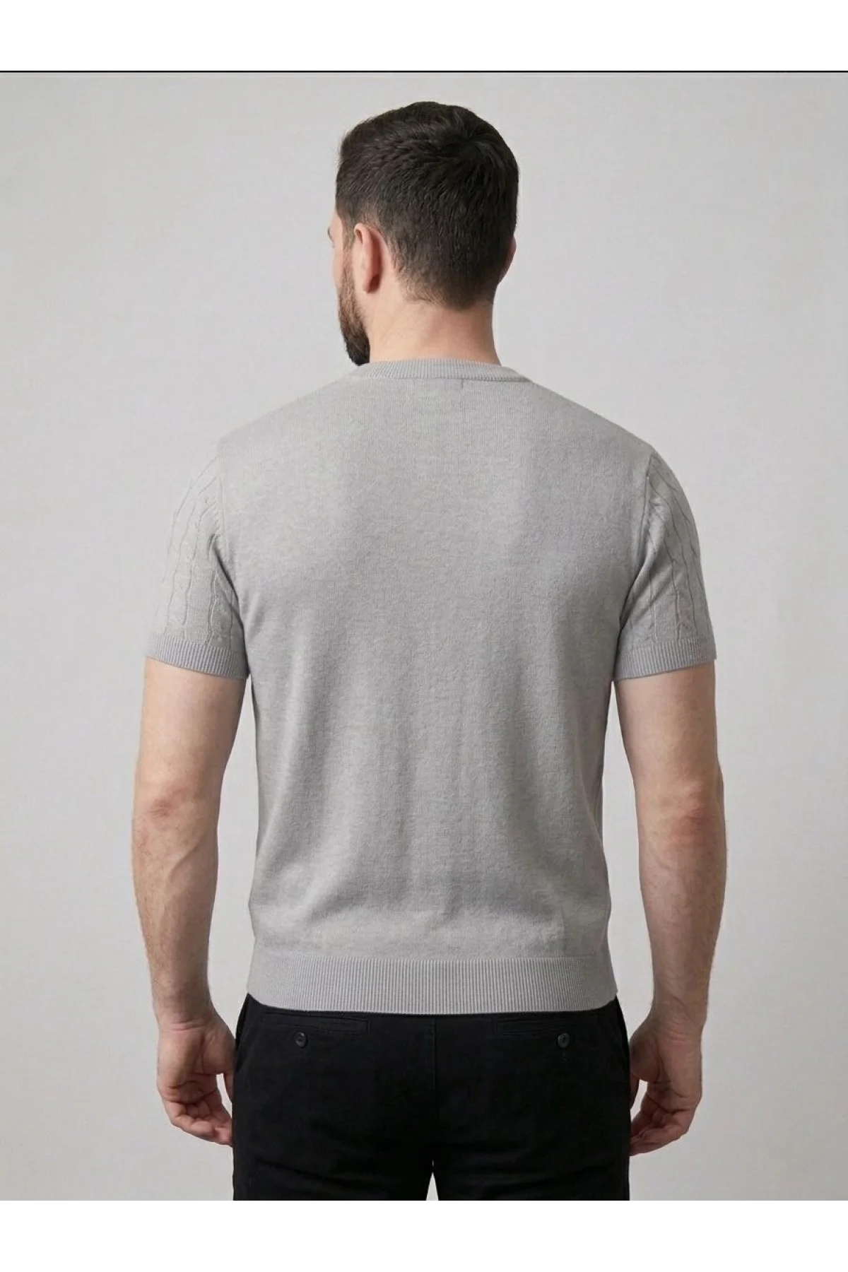 Erkek Yazlık Triko Dokuma Tişört Kısa Kol Bisiklet Yaka Örgü Desenli T-Shirt - Gri