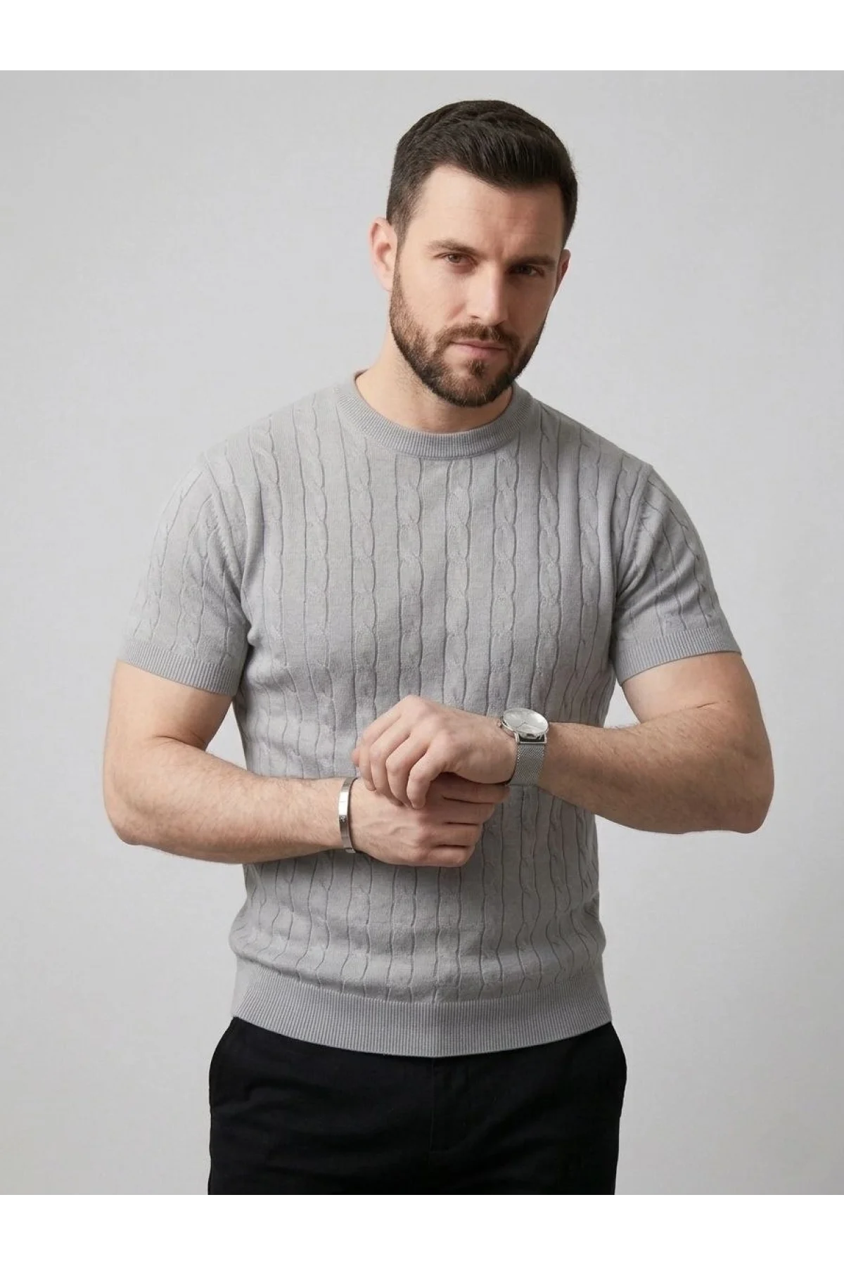 Erkek Yazlık Triko Dokuma Tişört Kısa Kol Bisiklet Yaka Örgü Desenli T-Shirt - Gri