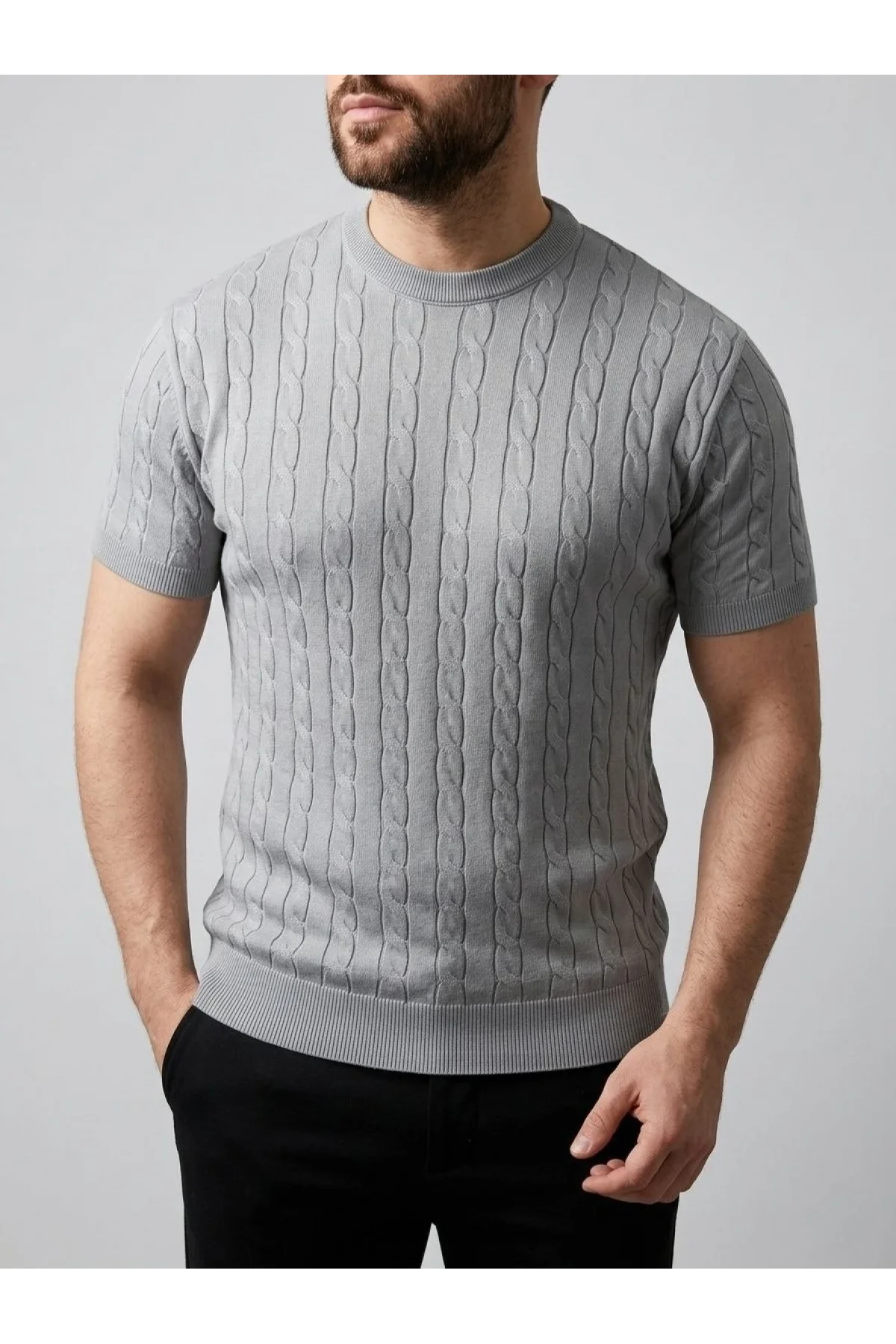 Erkek Yazlık Triko Dokuma Tişört Kısa Kol Bisiklet Yaka Örgü Desenli T-Shirt - Gri