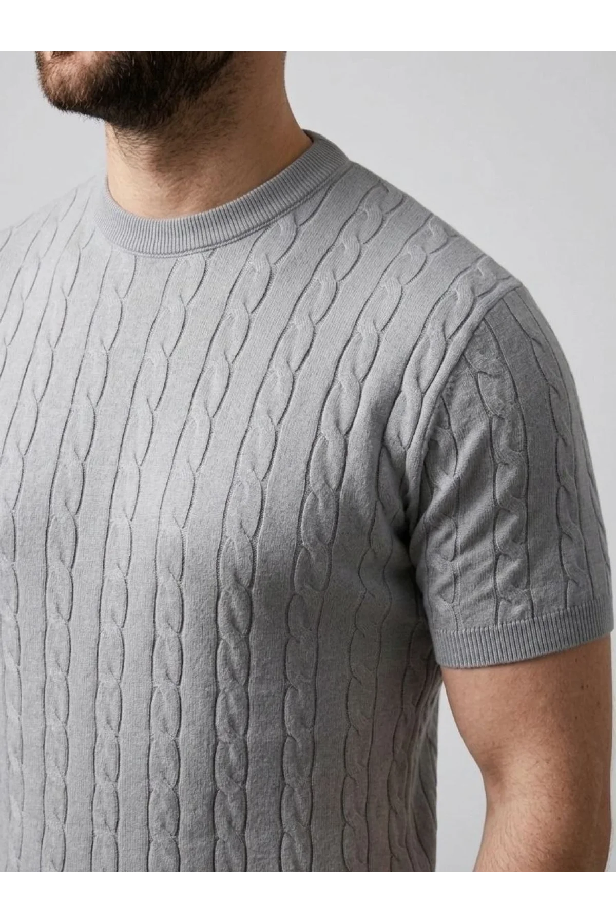 Erkek Yazlık Triko Dokuma Tişört Kısa Kol Bisiklet Yaka Örgü Desenli T-Shirt - Gri