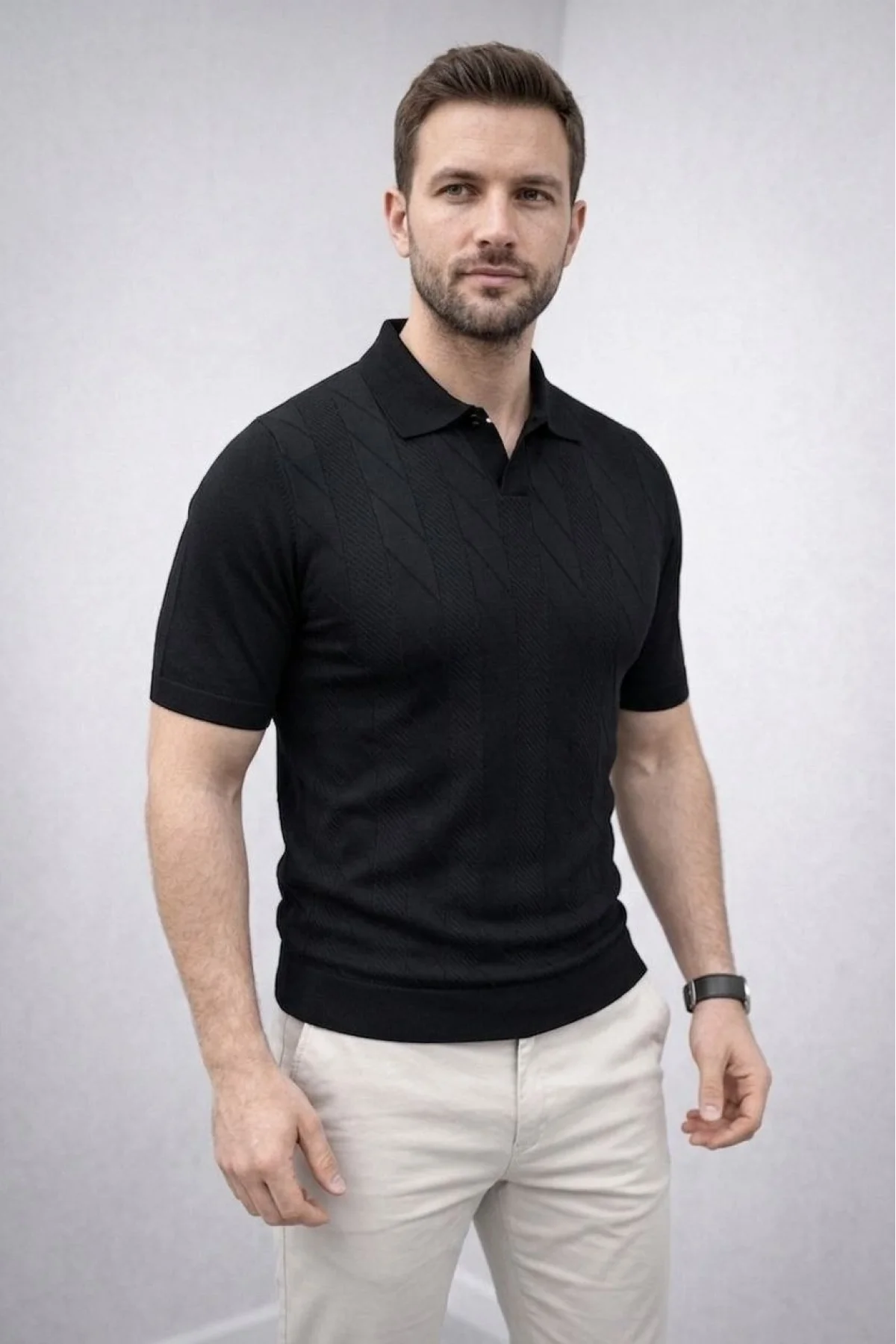 Erkek Yazlık Triko Dokuma Tişört Kısa Kol Polo Yaka T-Shirt - Siyah