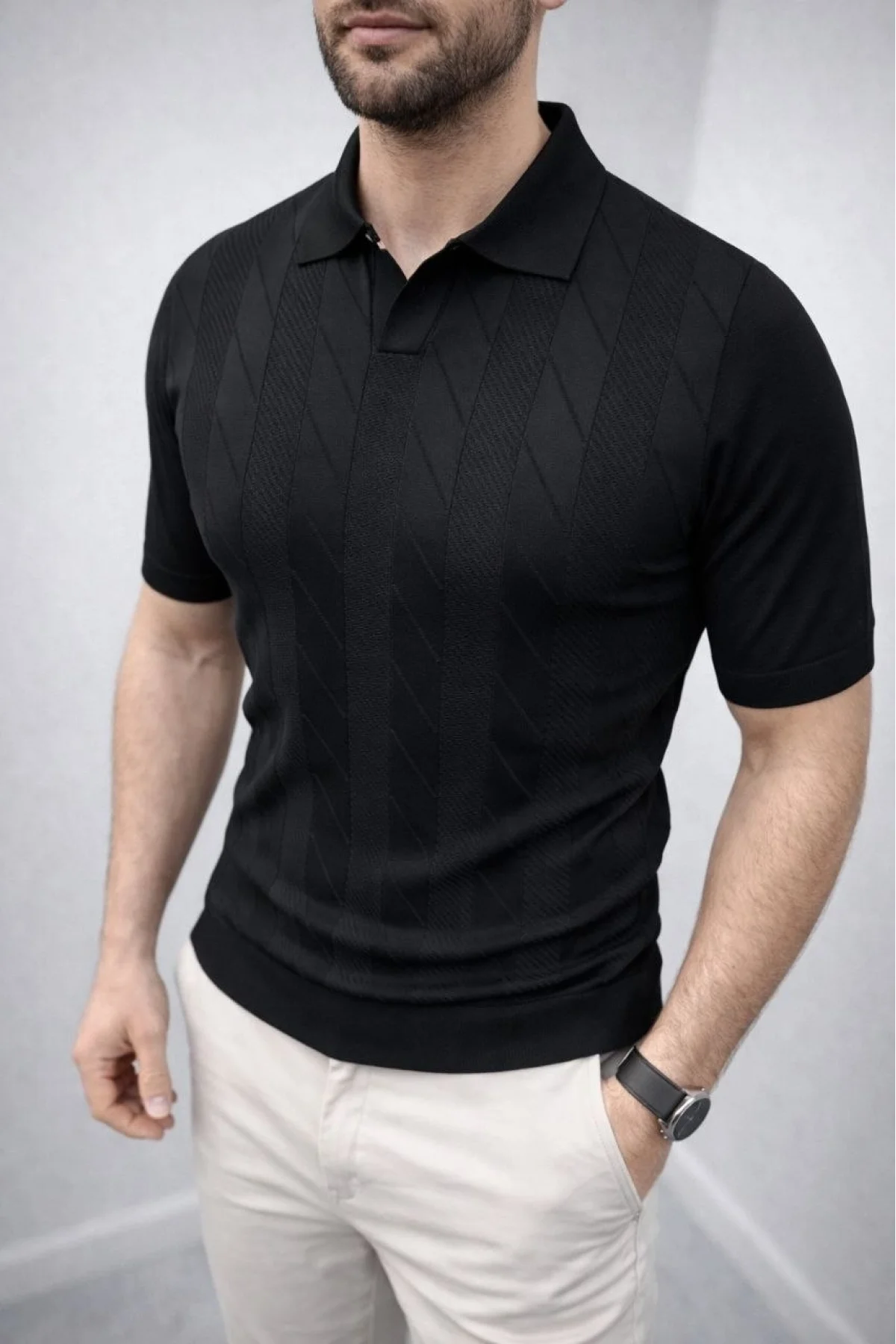 Erkek Yazlık Triko Dokuma Tişört Kısa Kol Polo Yaka T-Shirt - Siyah