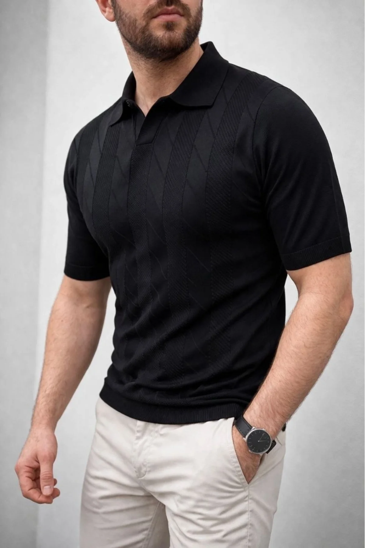 Erkek Yazlık Triko Dokuma Tişört Kısa Kol Polo Yaka T-Shirt - Siyah