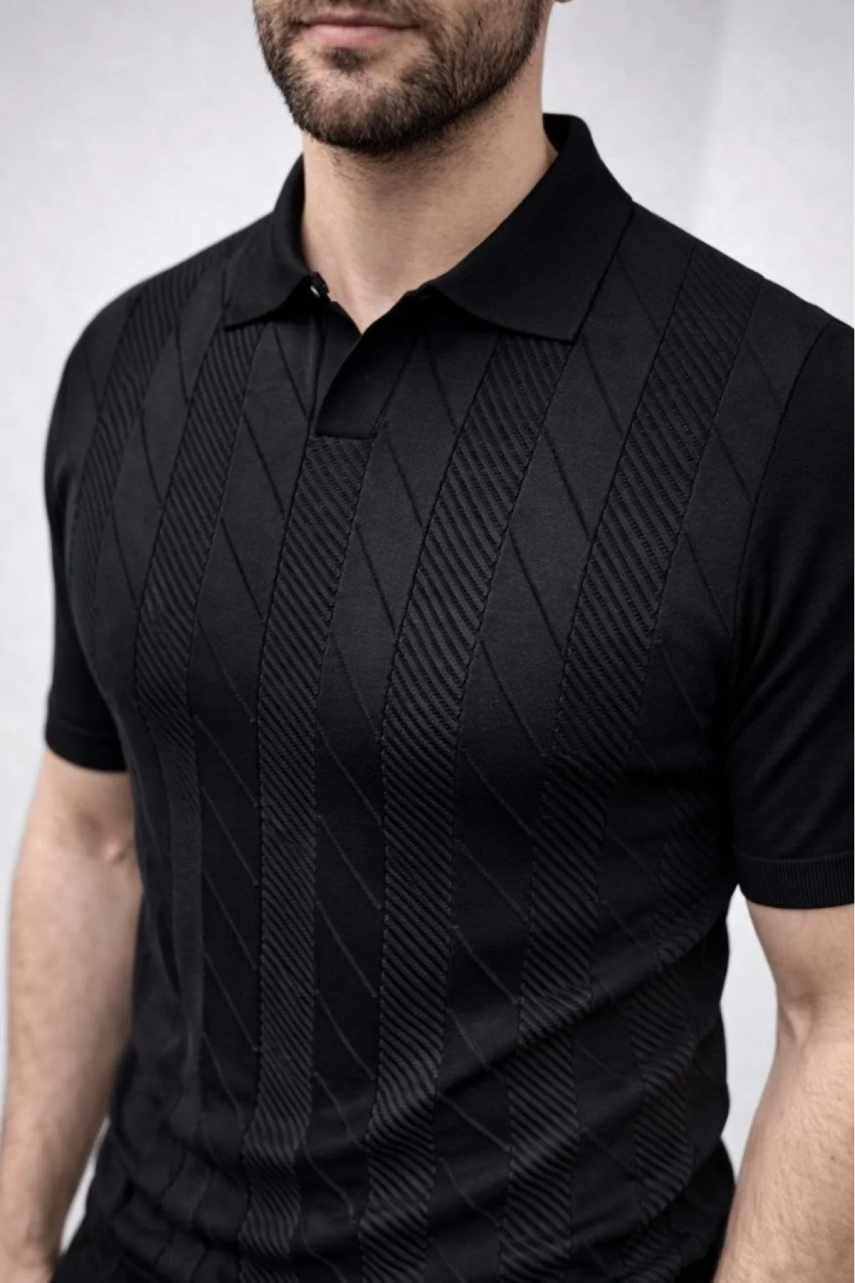 Erkek Yazlık Triko Dokuma Tişört Kısa Kol Polo Yaka T-Shirt - Siyah