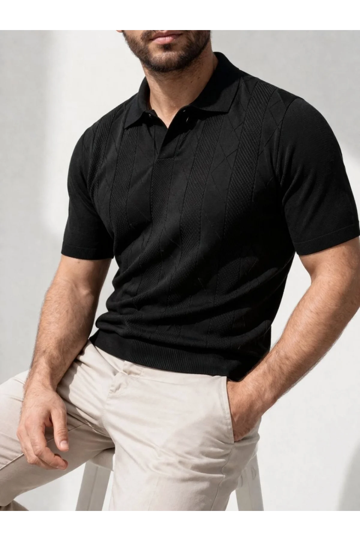 Erkek Yazlık Triko Dokuma Tişört Kısa Kol Polo Yaka T-Shirt - Siyah