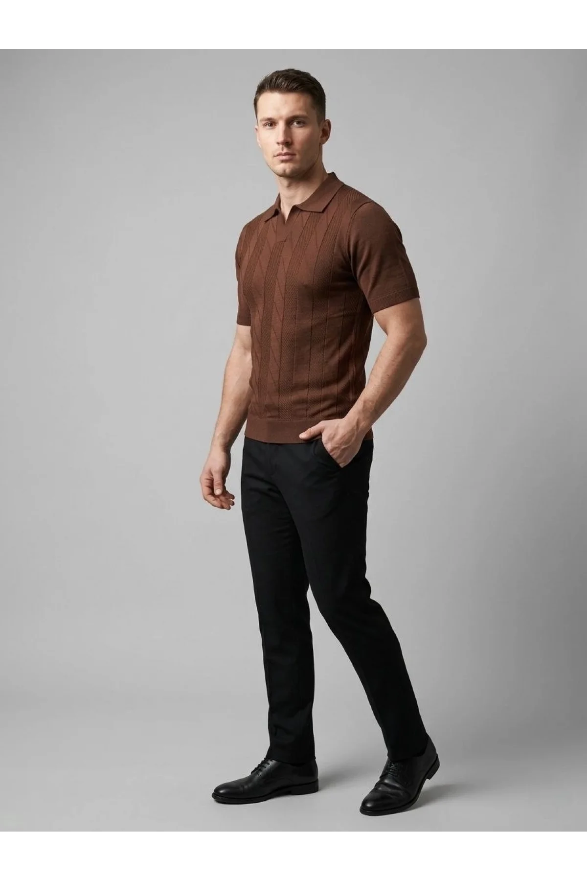 Erkek Yazlık Triko Dokuma Tişört Kısa Kol Polo Yaka T-Shirt - Kahverengi