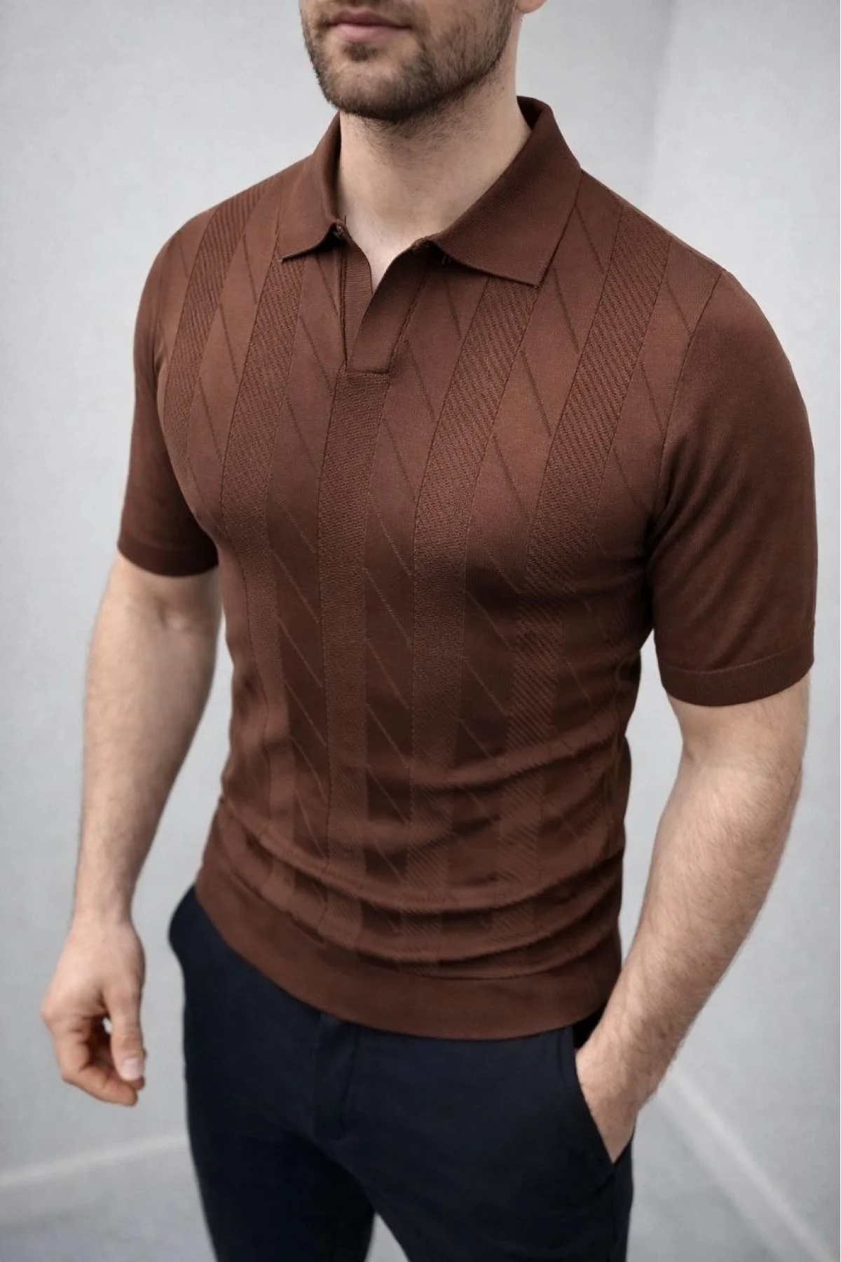 Erkek Yazlık Triko Dokuma Tişört Kısa Kol Polo Yaka T-Shirt - Kahverengi