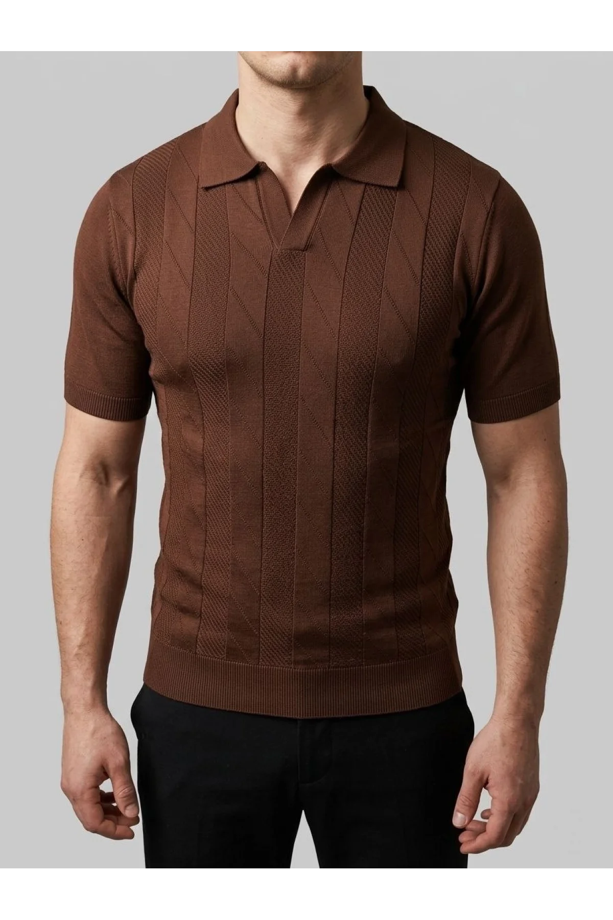 Erkek Yazlık Triko Dokuma Tişört Kısa Kol Polo Yaka T-Shirt - Kahverengi