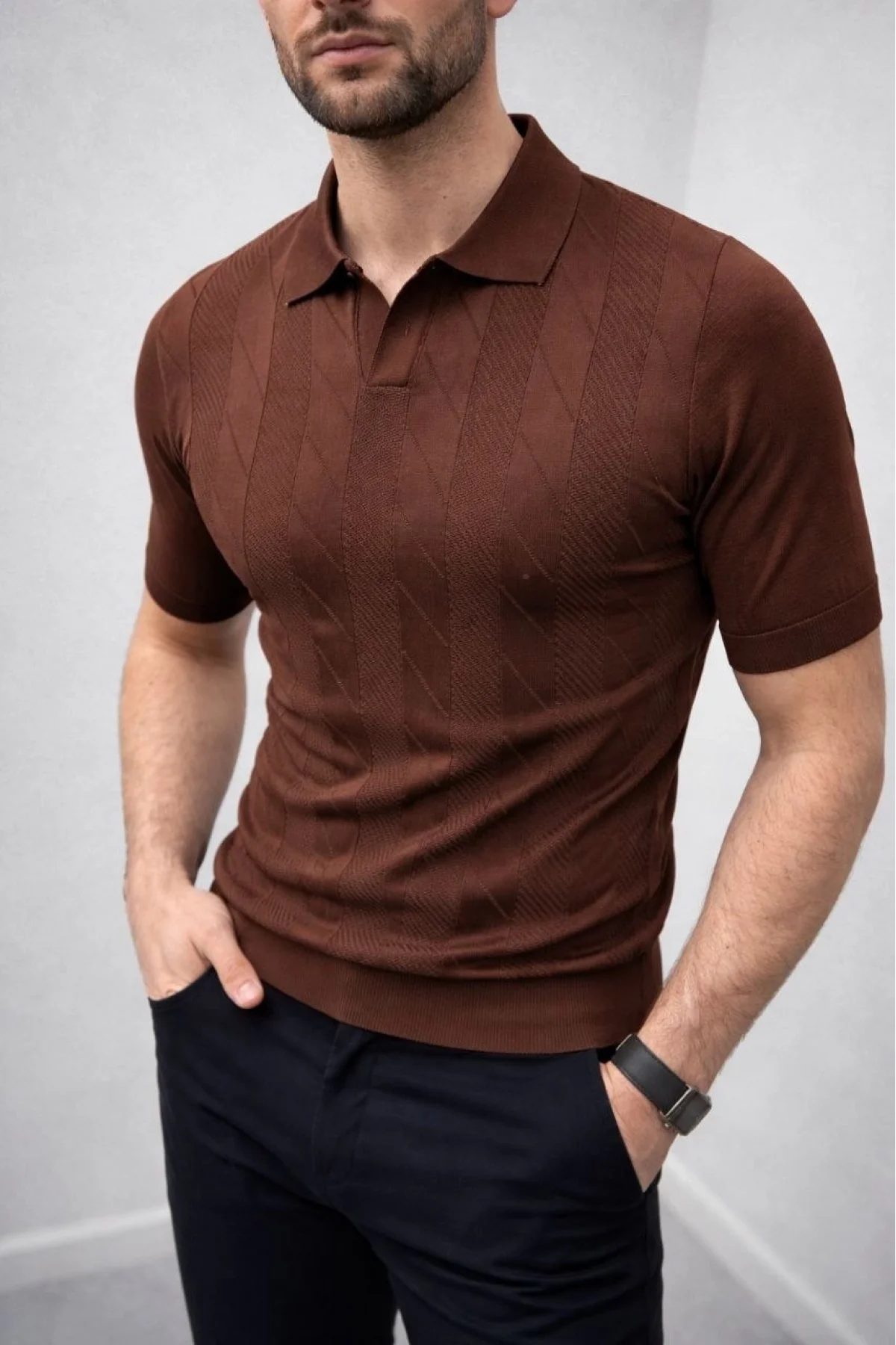 Erkek Yazlık Triko Dokuma Tişört Kısa Kol Polo Yaka T-Shirt - Kahverengi