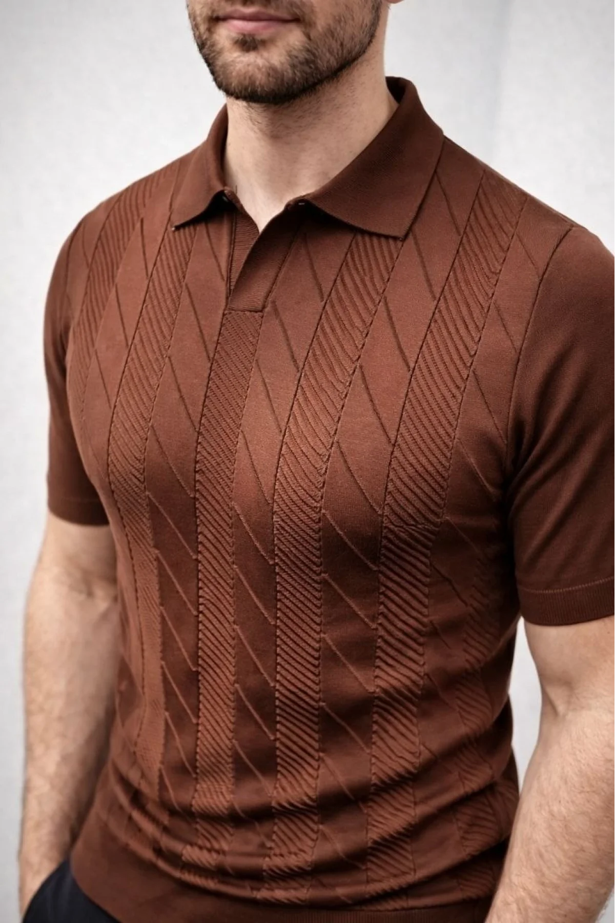 Erkek Yazlık Triko Dokuma Tişört Kısa Kol Polo Yaka T-Shirt - Kahverengi