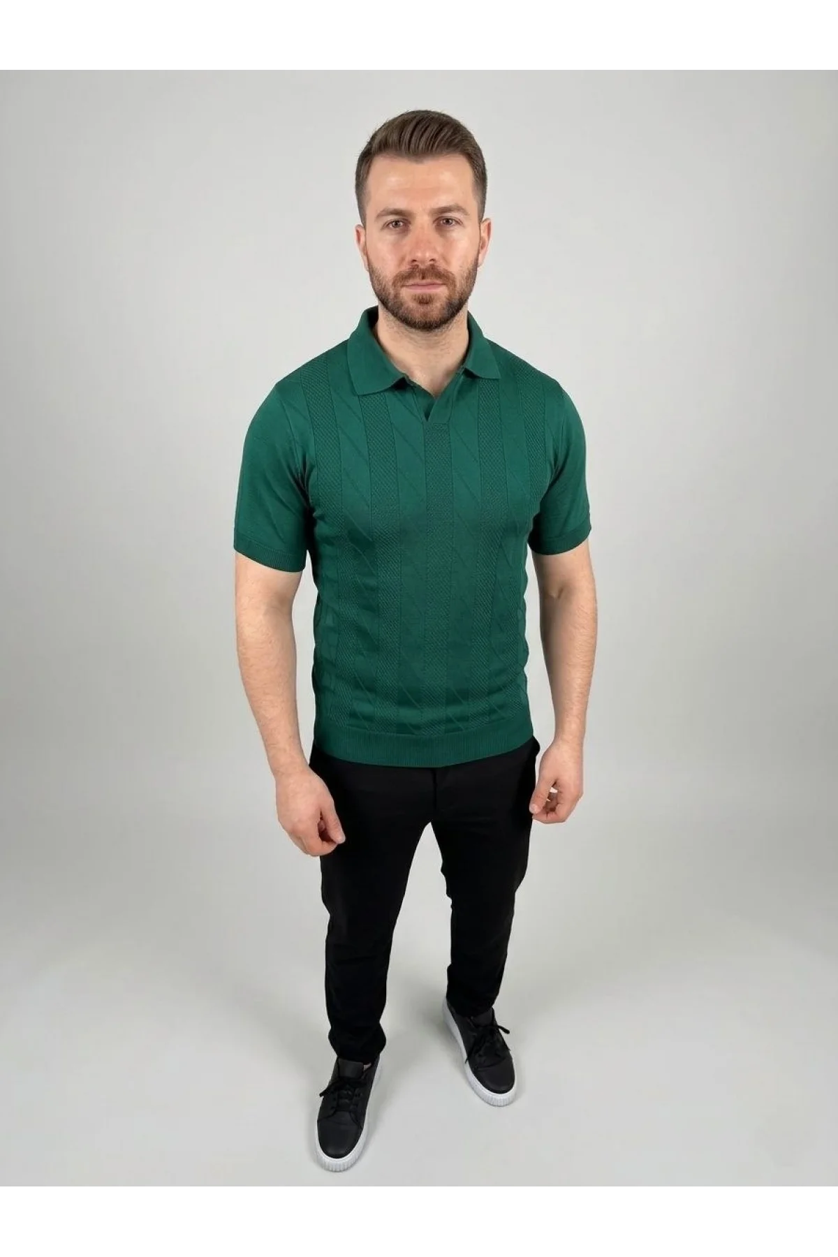 Erkek Yazlık Triko Dokuma Tişört Kısa Kol Polo Yaka T-Shirt - Koyu Yeşil