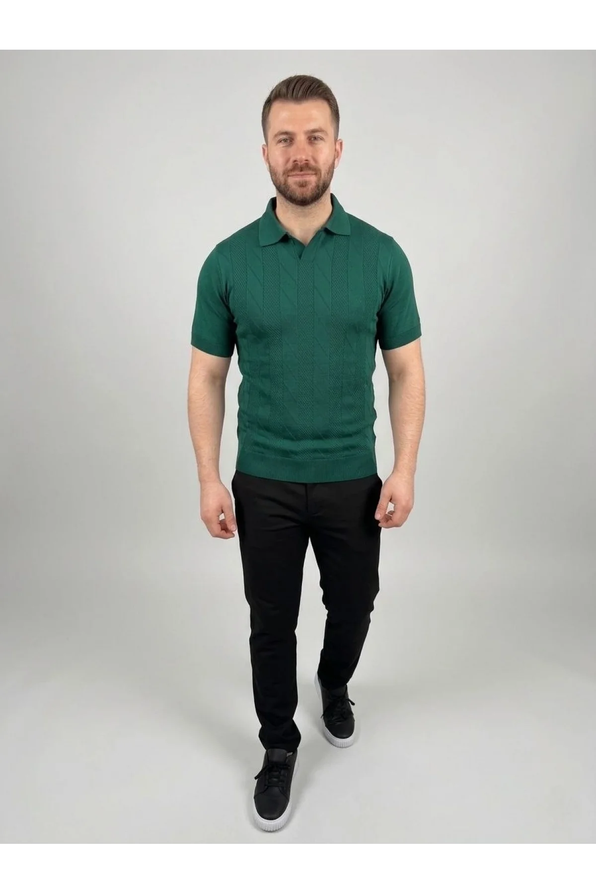 Erkek Yazlık Triko Dokuma Tişört Kısa Kol Polo Yaka T-Shirt - Koyu Yeşil