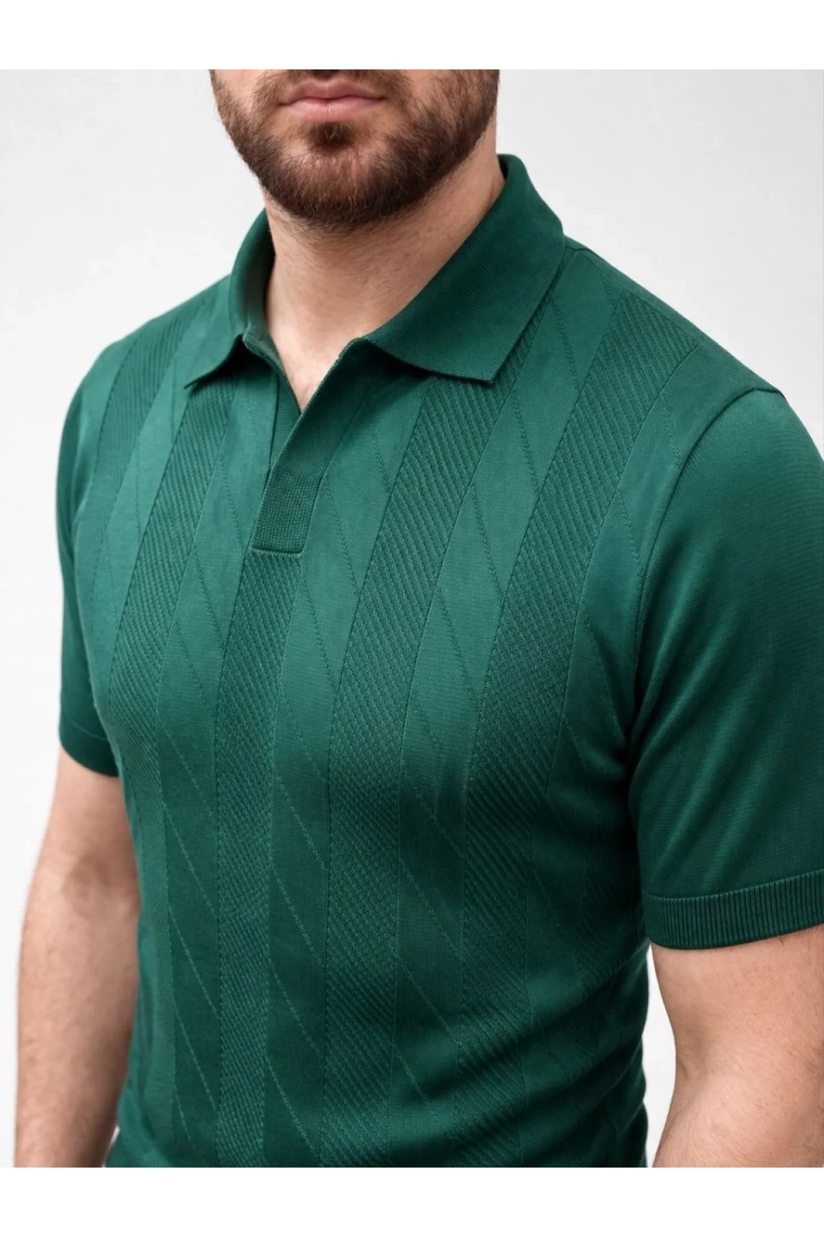 Erkek Yazlık Triko Dokuma Tişört Kısa Kol Polo Yaka T-Shirt - Koyu Yeşil