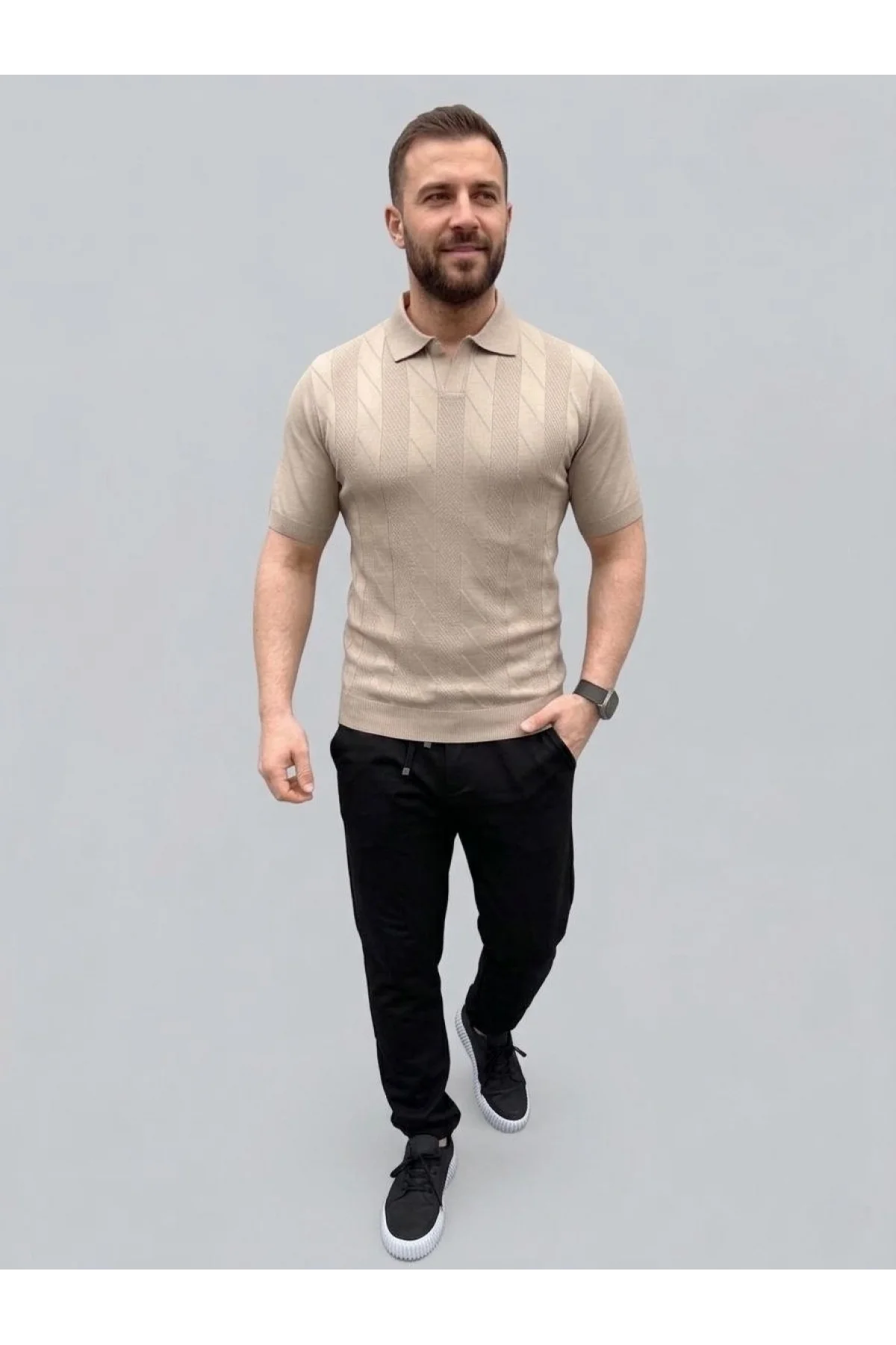 Erkek Yazlık Triko Dokuma Tişört Kısa Kol Polo Yaka T-Shirt - Bej