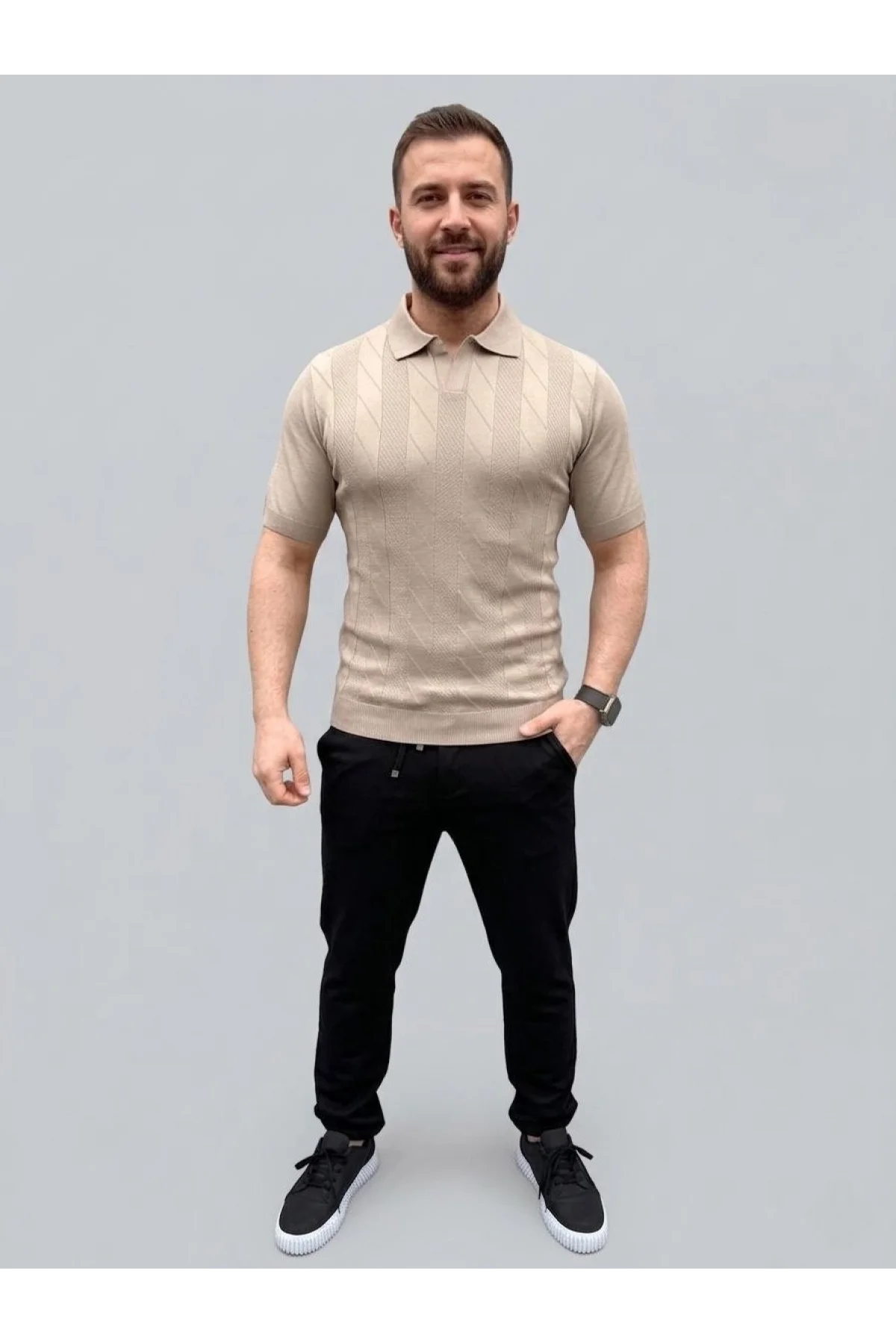 Erkek Yazlık Triko Dokuma Tişört Kısa Kol Polo Yaka T-Shirt - Bej