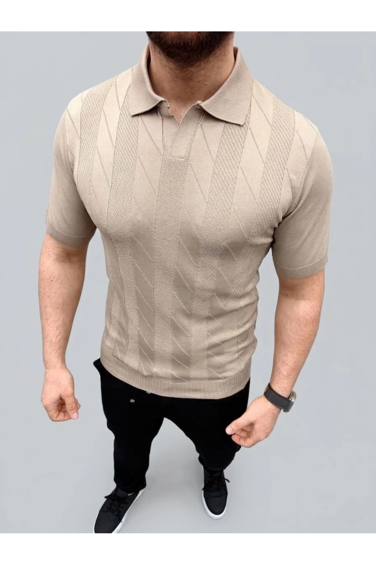 Erkek Yazlık Triko Dokuma Tişört Kısa Kol Polo Yaka T-Shirt - Bej