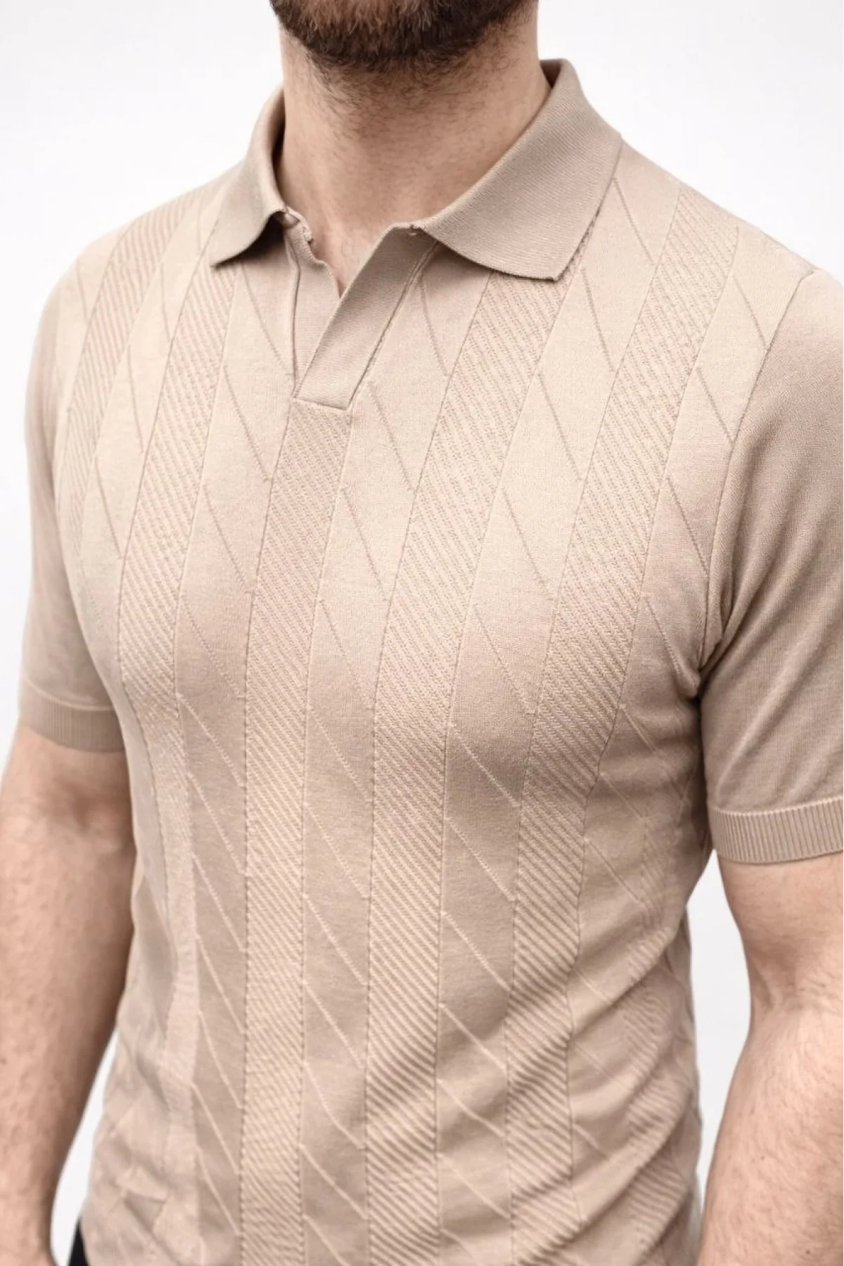 Erkek Yazlık Triko Dokuma Tişört Kısa Kol Polo Yaka T-Shirt - Bej