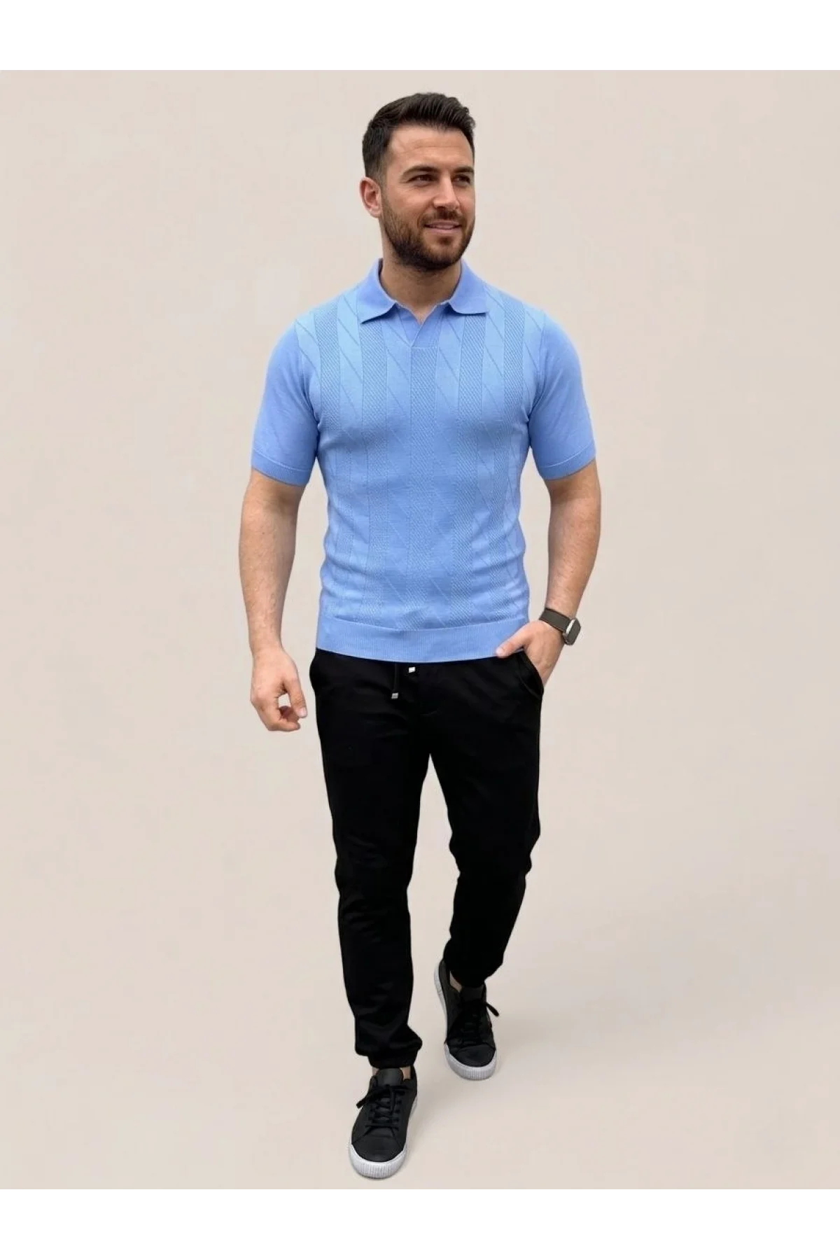 Erkek Yazlık Triko Dokuma Tişört Kısa Kol Polo Yaka T-Shirt - Bebek Mavisi