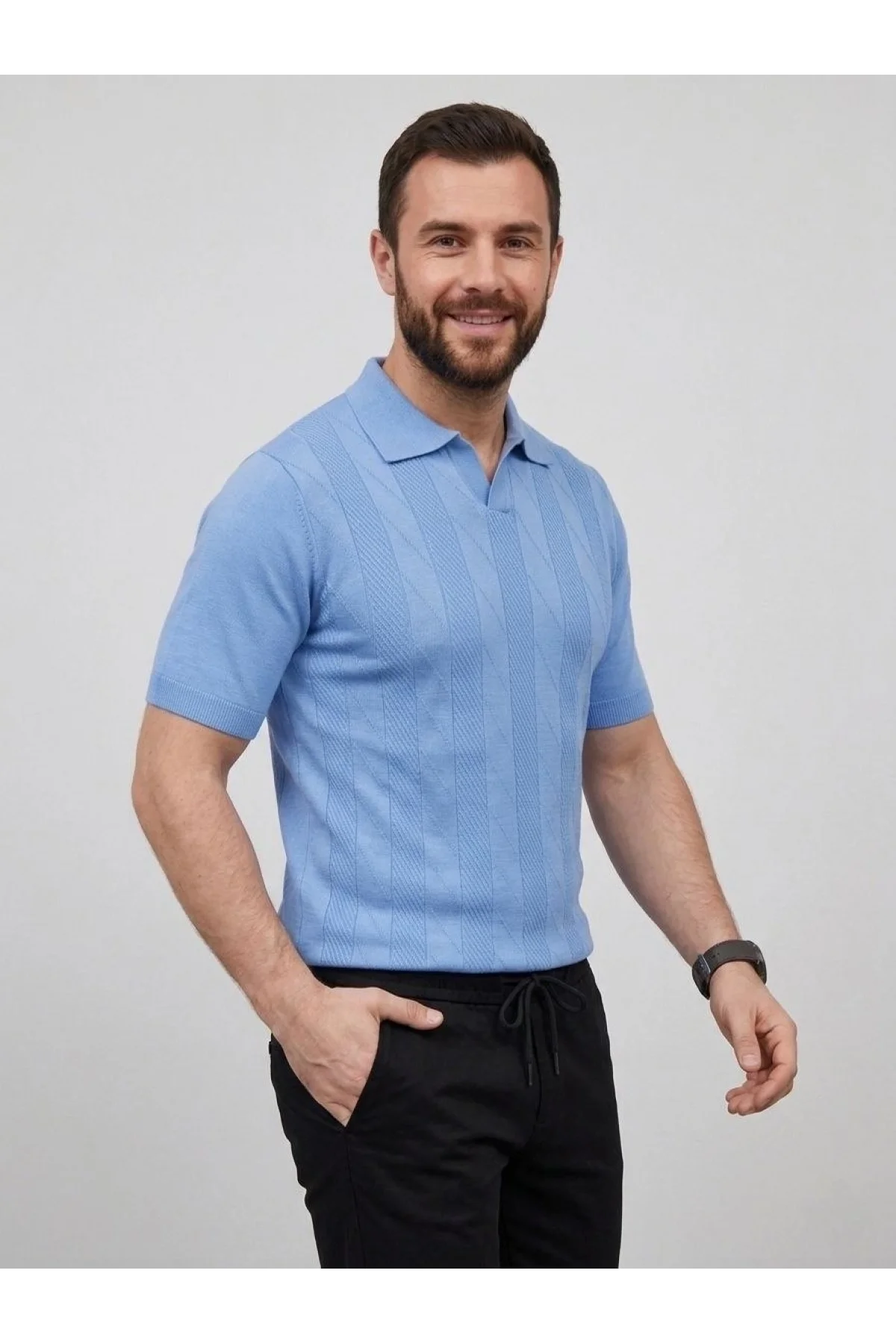 Erkek Yazlık Triko Dokuma Tişört Kısa Kol Polo Yaka T-Shirt - Bebek Mavisi