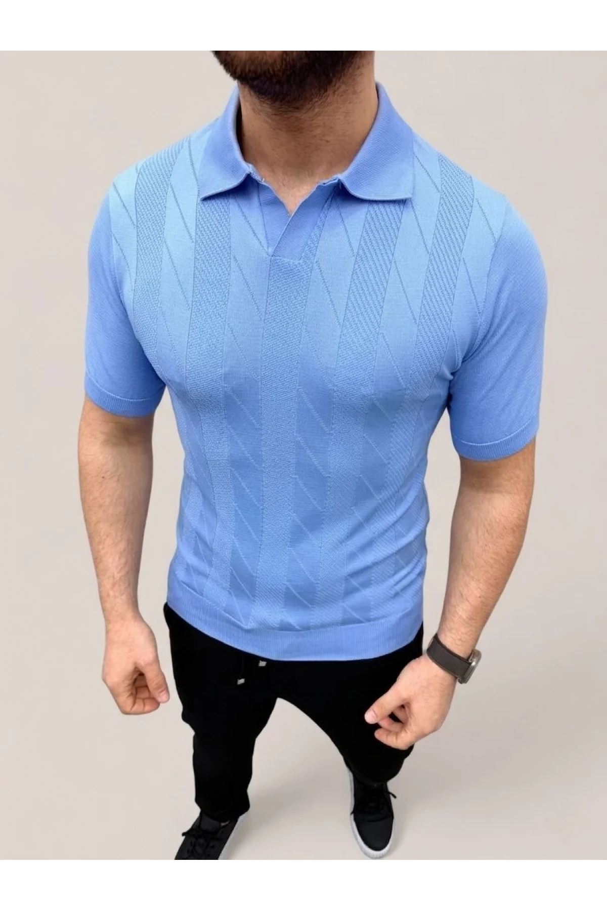 Erkek Yazlık Triko Dokuma Tişört Kısa Kol Polo Yaka T-Shirt - Bebek Mavisi