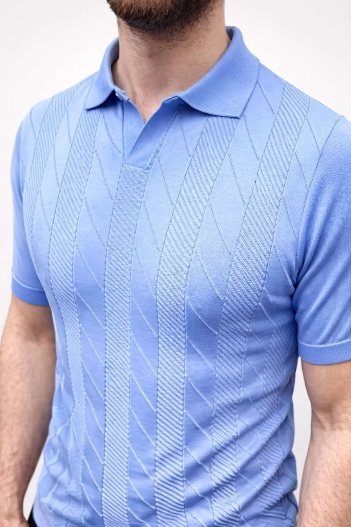 Erkek Yazlık Triko Dokuma Tişört Kısa Kol Polo Yaka T-Shirt - Bebek Mavisi