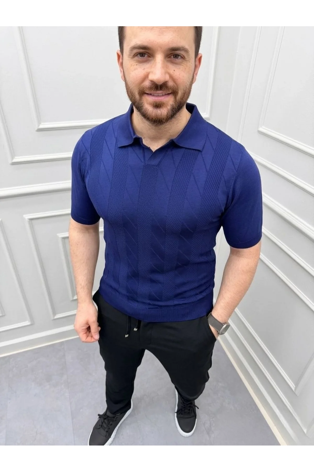 Erkek Yazlık Triko Dokuma Tişört Kısa Kol Polo Yaka T-Shirt - Lacivert