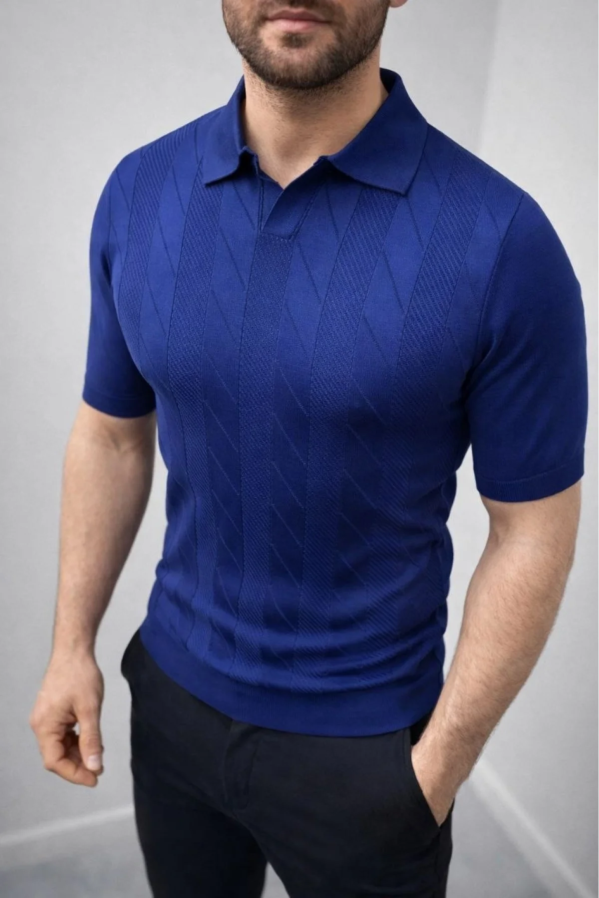 Erkek Yazlık Triko Dokuma Tişört Kısa Kol Polo Yaka T-Shirt - Lacivert