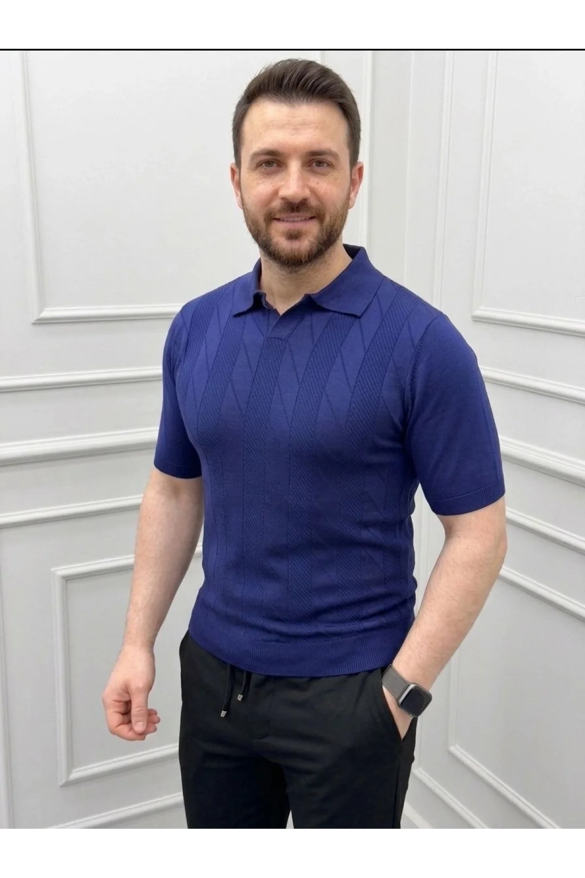 Erkek Yazlık Triko Dokuma Tişört Kısa Kol Polo Yaka T-Shirt - Lacivert