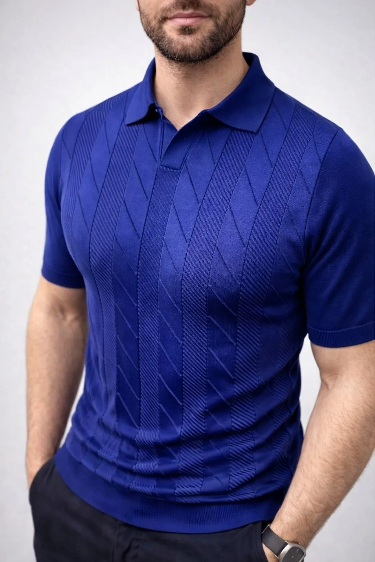 Erkek Yazlık Triko Dokuma Tişört Kısa Kol Polo Yaka T-Shirt - Lacivert