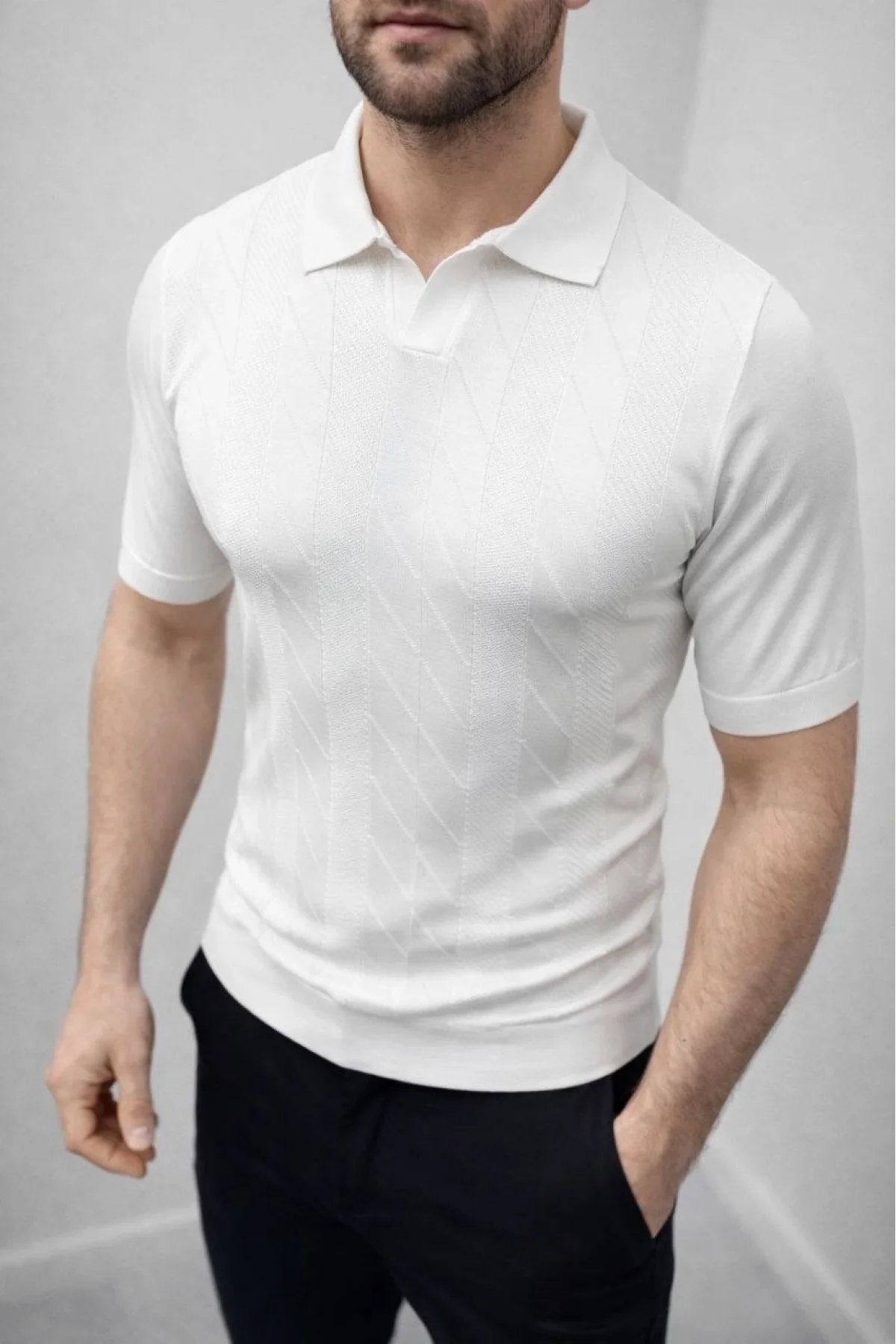 Erkek Yazlık Triko Dokuma Tişört Kısa Kol Polo Yaka T-Shirt - Beyaz