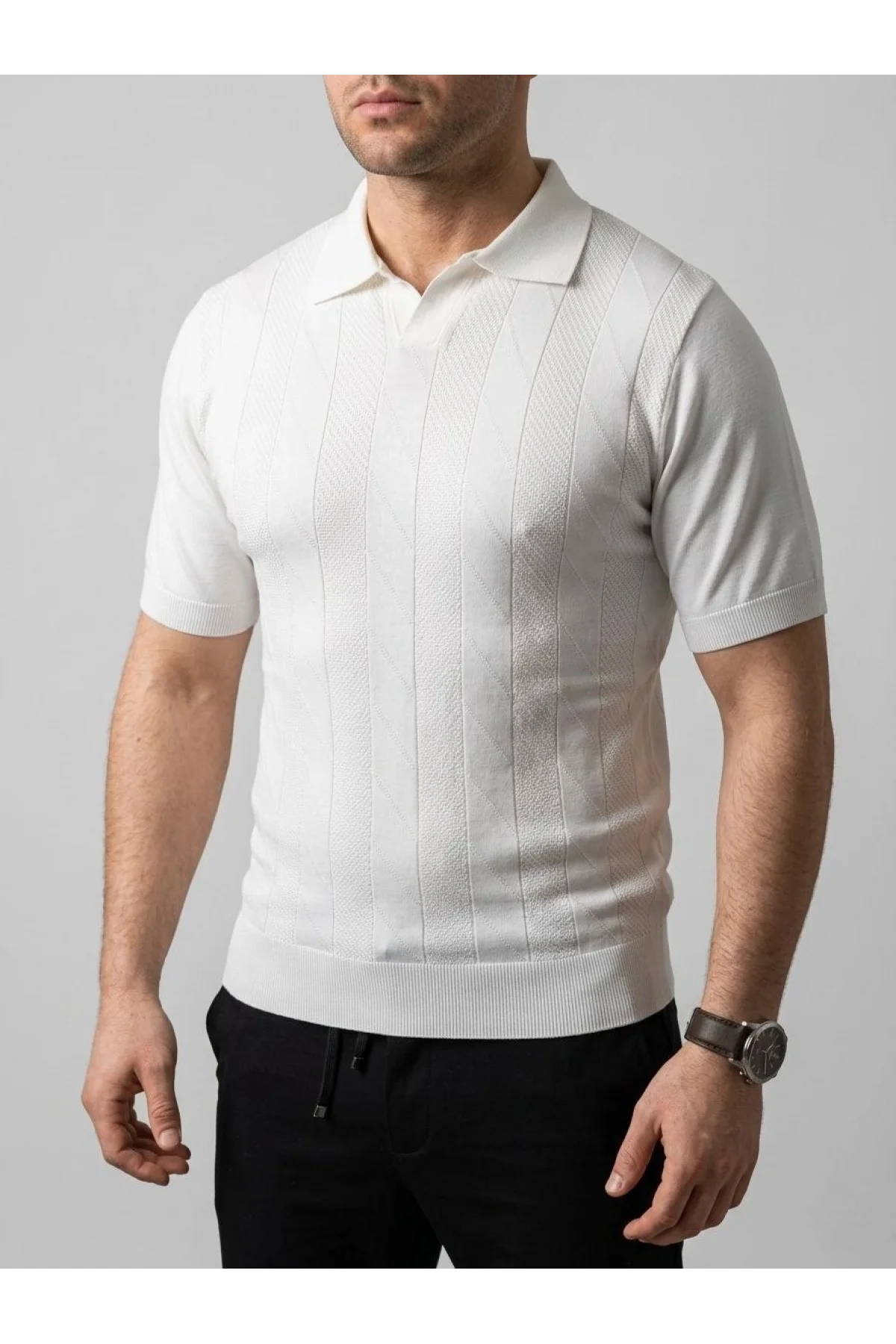 Erkek Yazlık Triko Dokuma Tişört Kısa Kol Polo Yaka T-Shirt - Beyaz