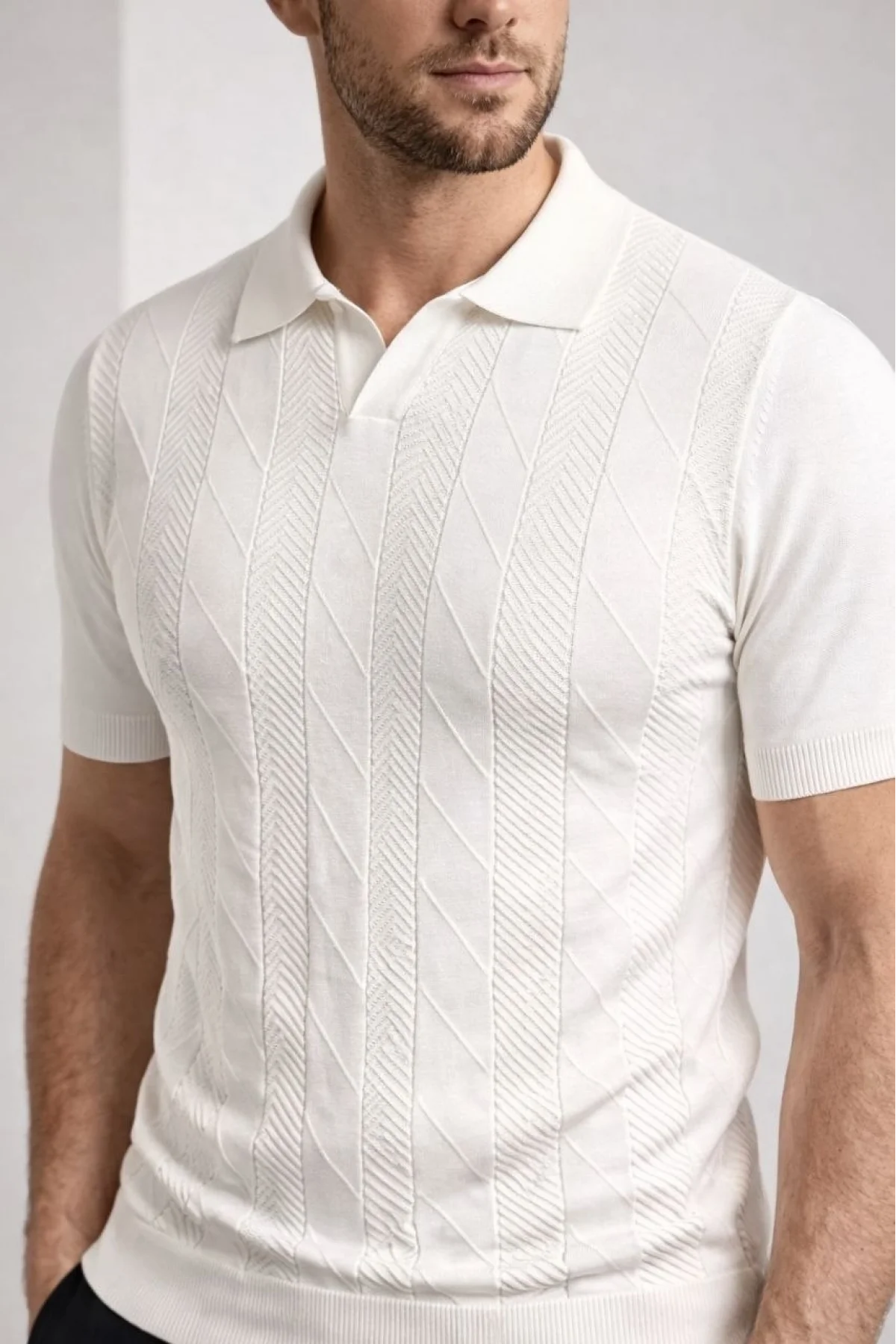 Erkek Yazlık Triko Dokuma Tişört Kısa Kol Polo Yaka T-Shirt - Beyaz