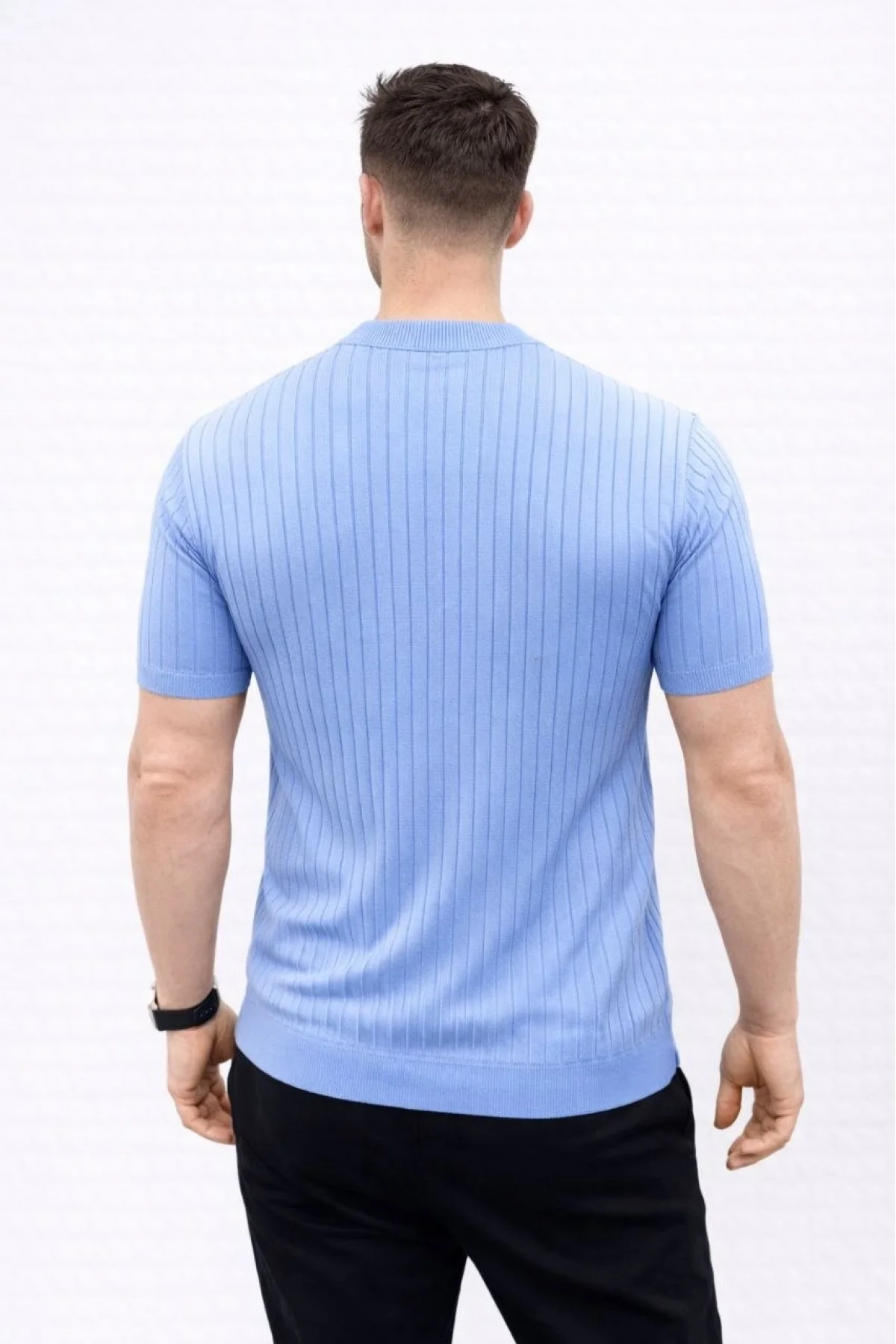 Erkek Kısa Kol Fitilli Triko T-Shirt Yazlık Hakim Yaka Tişört - Bebek Mavisi